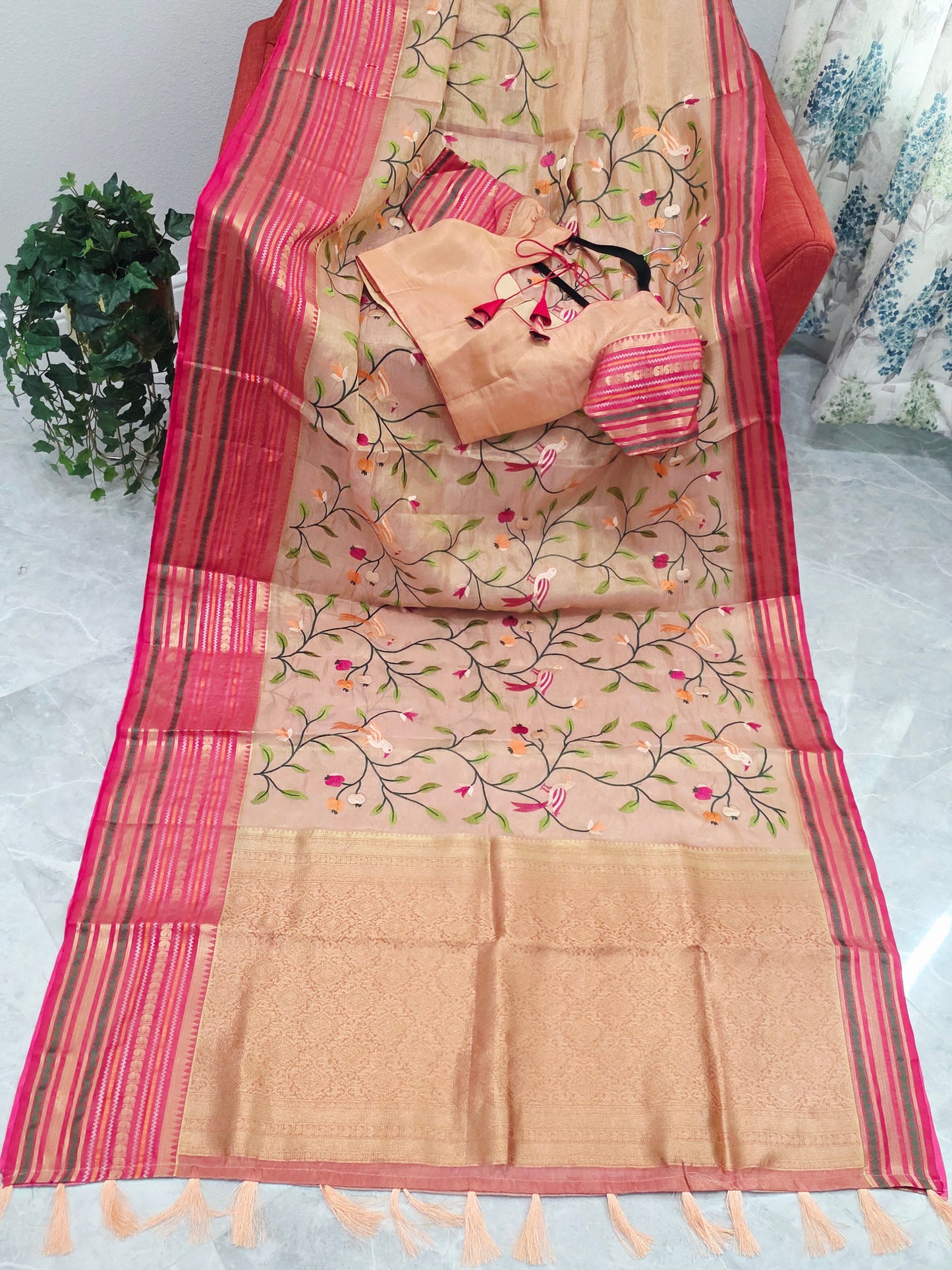 Blush Peach & Rani Pink Soft Tissue Silk Saree with Bird Embroidery & Designer Blouse