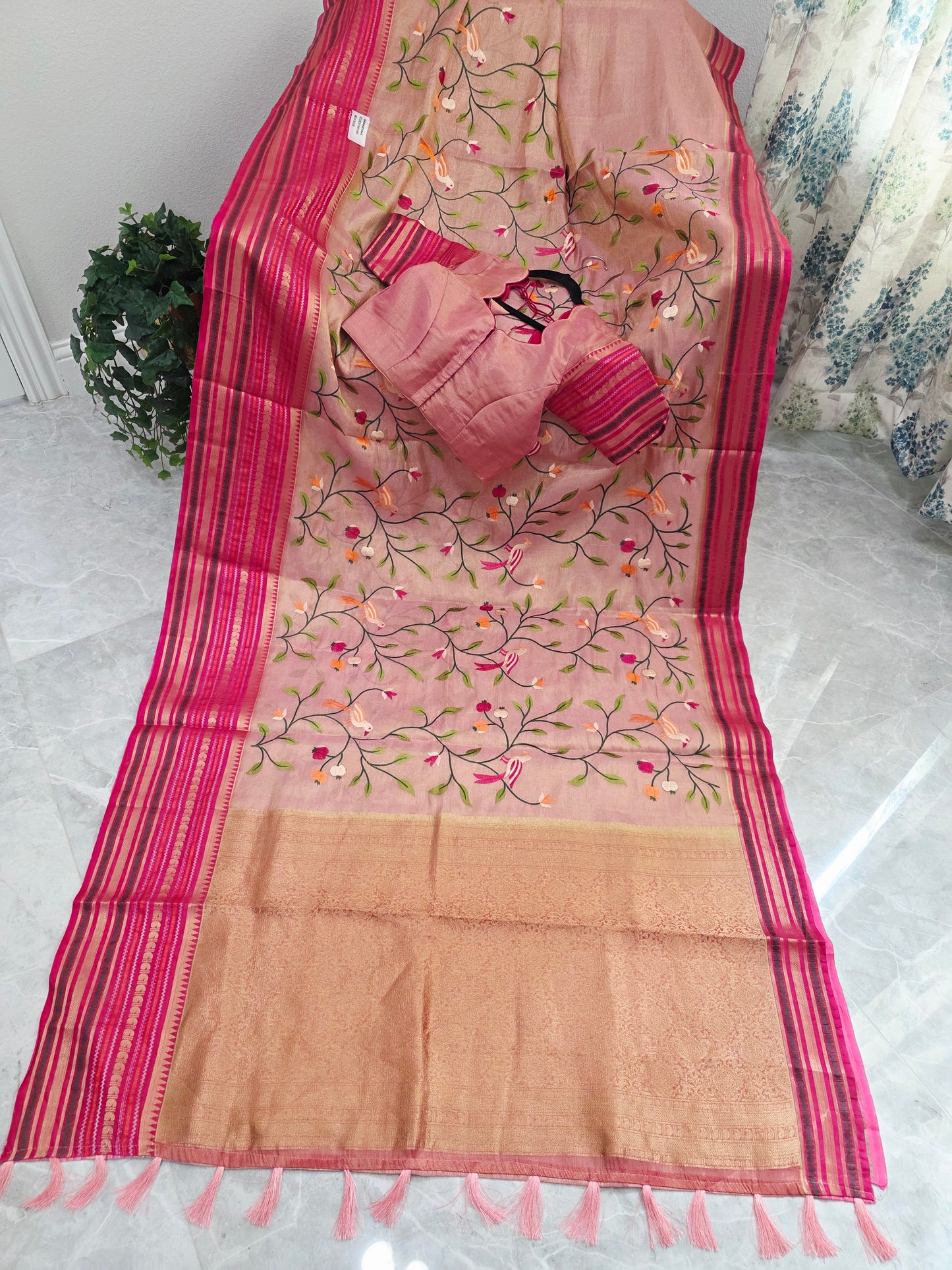 Blush Peach & Rani Pink Soft Tissue Silk Saree with Bird Embroidery & Designer Blouse