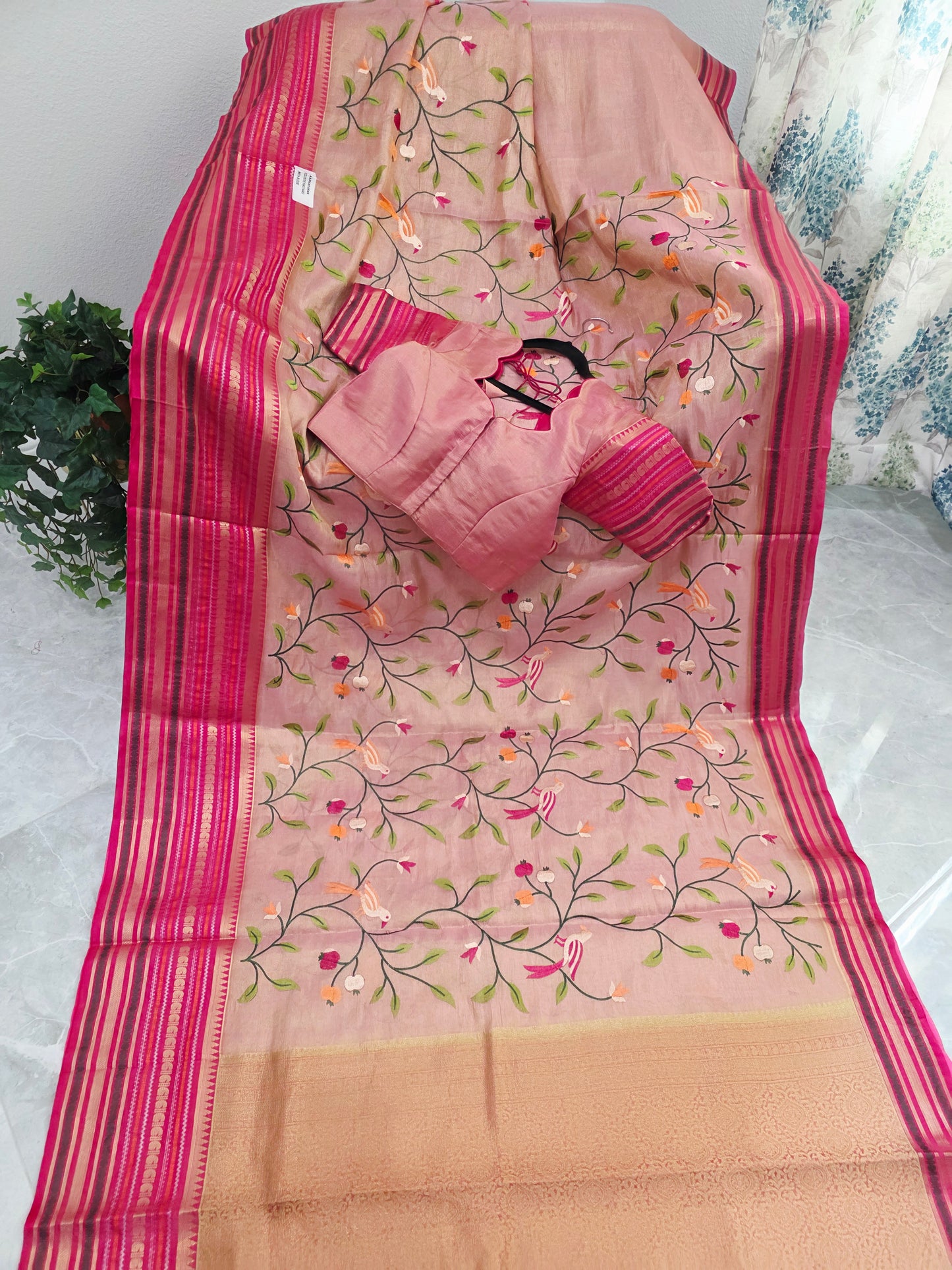 Blush Peach & Rani Pink Soft Tissue Silk Saree with Bird Embroidery & Designer Blouse