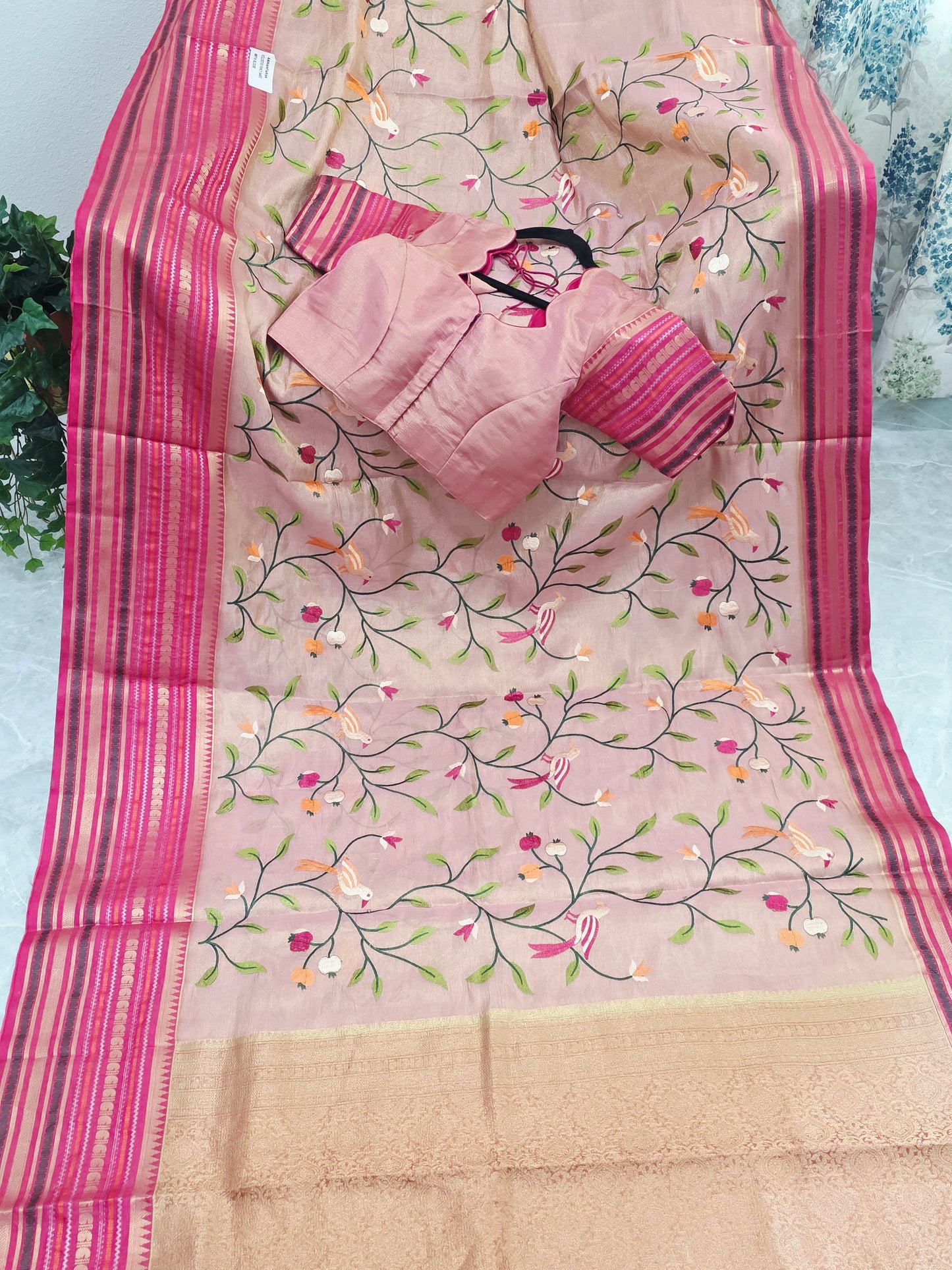 Blush Peach & Rani Pink Soft Tissue Silk Saree with Bird Embroidery & Designer Blouse