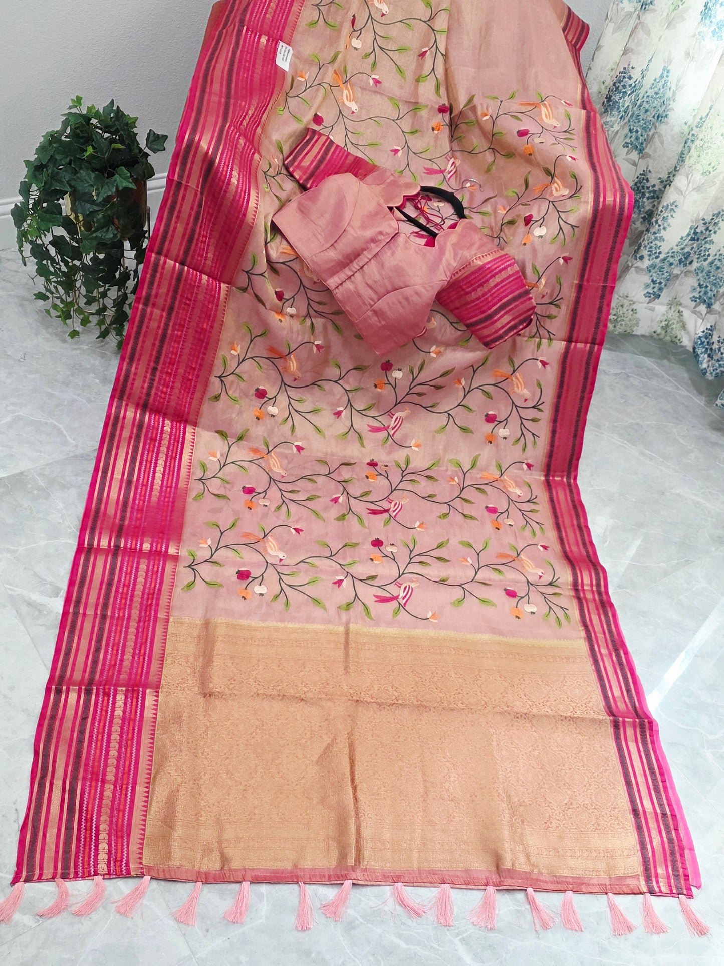 Blush Peach & Rani Pink Soft Tissue Silk Saree with Bird Embroidery & Designer Blouse