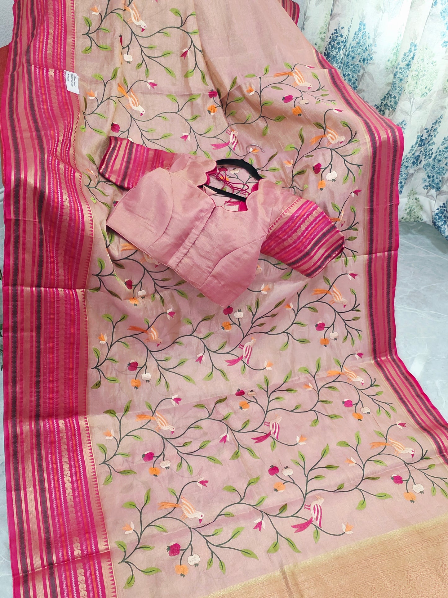 Blush Peach & Rani Pink Soft Tissue Silk Saree with Bird Embroidery & Designer Blouse