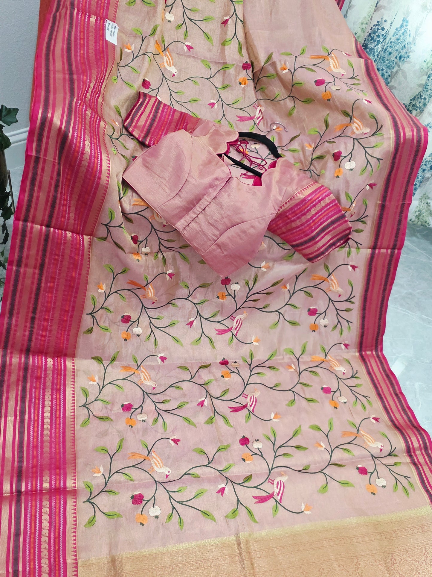 Blush Peach & Rani Pink Soft Tissue Silk Saree with Bird Embroidery & Designer Blouse