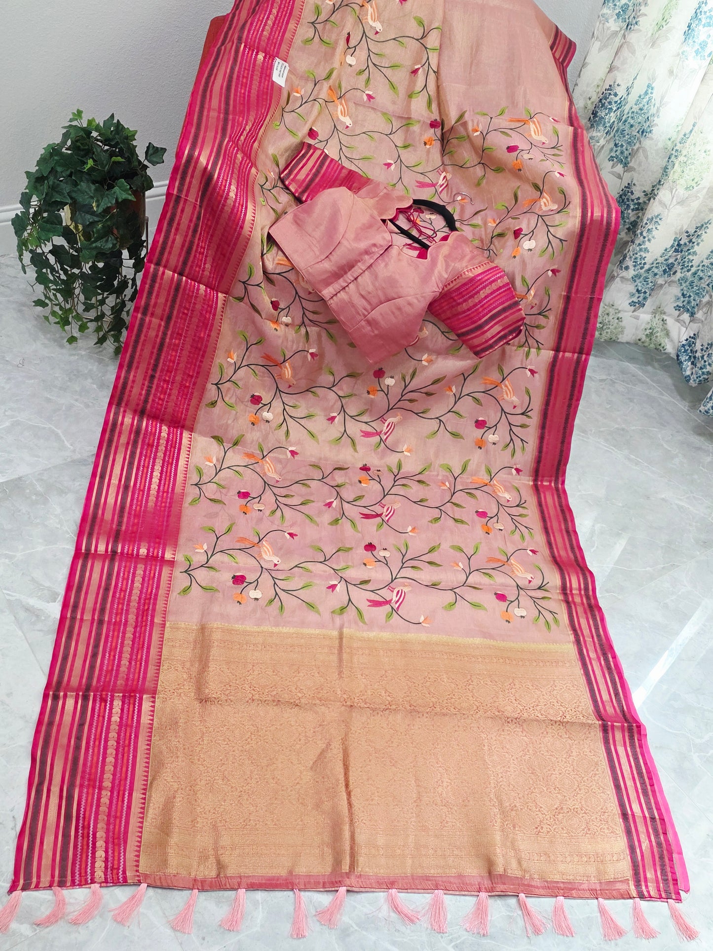 Blush Peach & Rani Pink Soft Tissue Silk Saree with Bird Embroidery & Designer Blouse