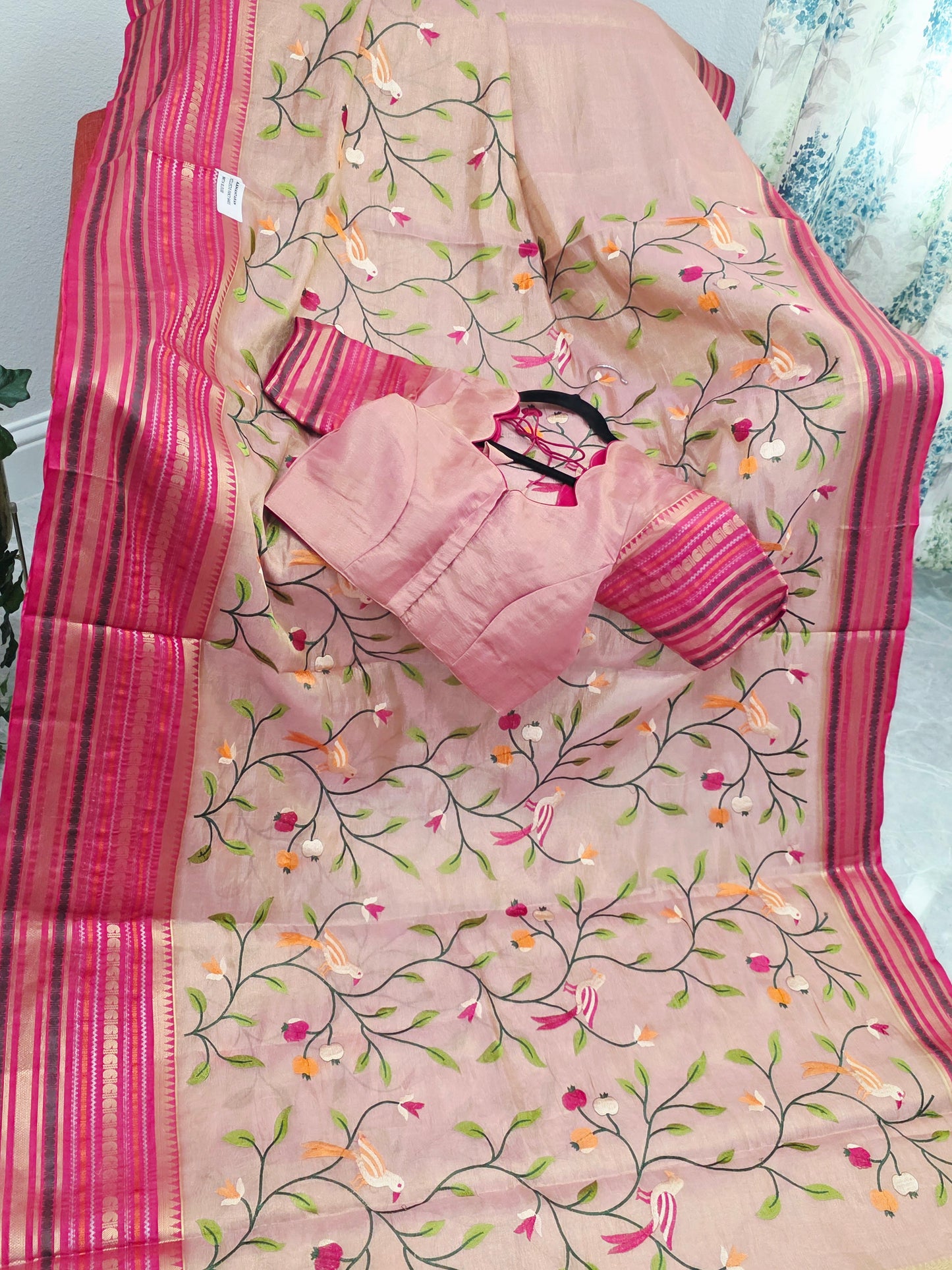 Blush Peach & Rani Pink Soft Tissue Silk Saree with Bird Embroidery & Designer Blouse