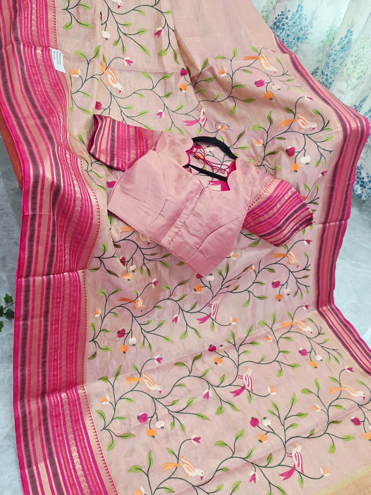 Blush Peach & Rani Pink Soft Tissue Silk Saree with Bird Embroidery & Designer Blouse