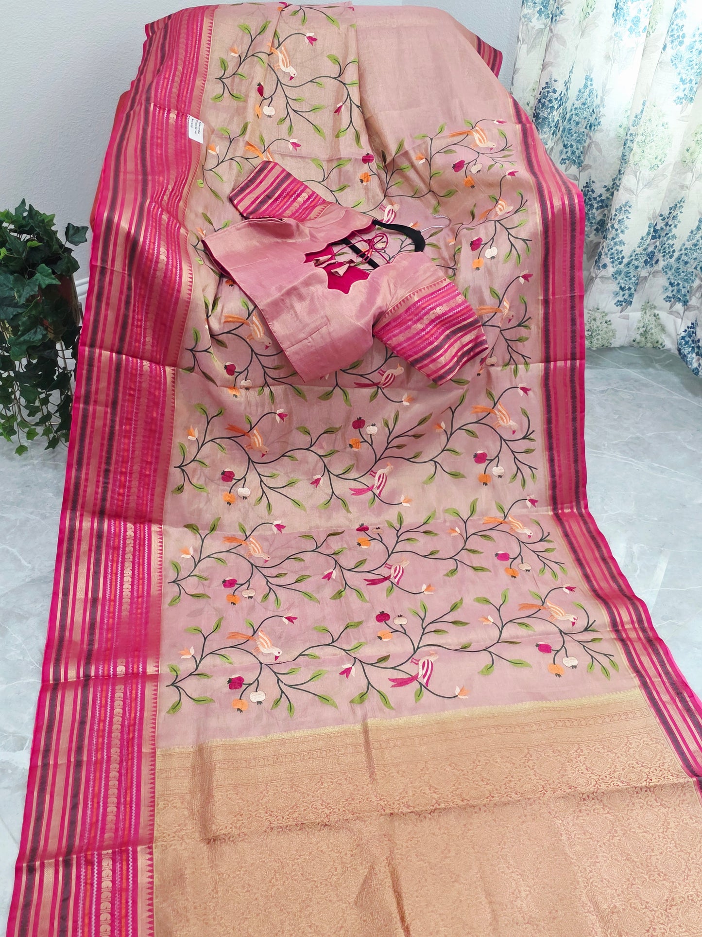Blush Peach & Rani Pink Soft Tissue Silk Saree with Bird Embroidery & Designer Blouse