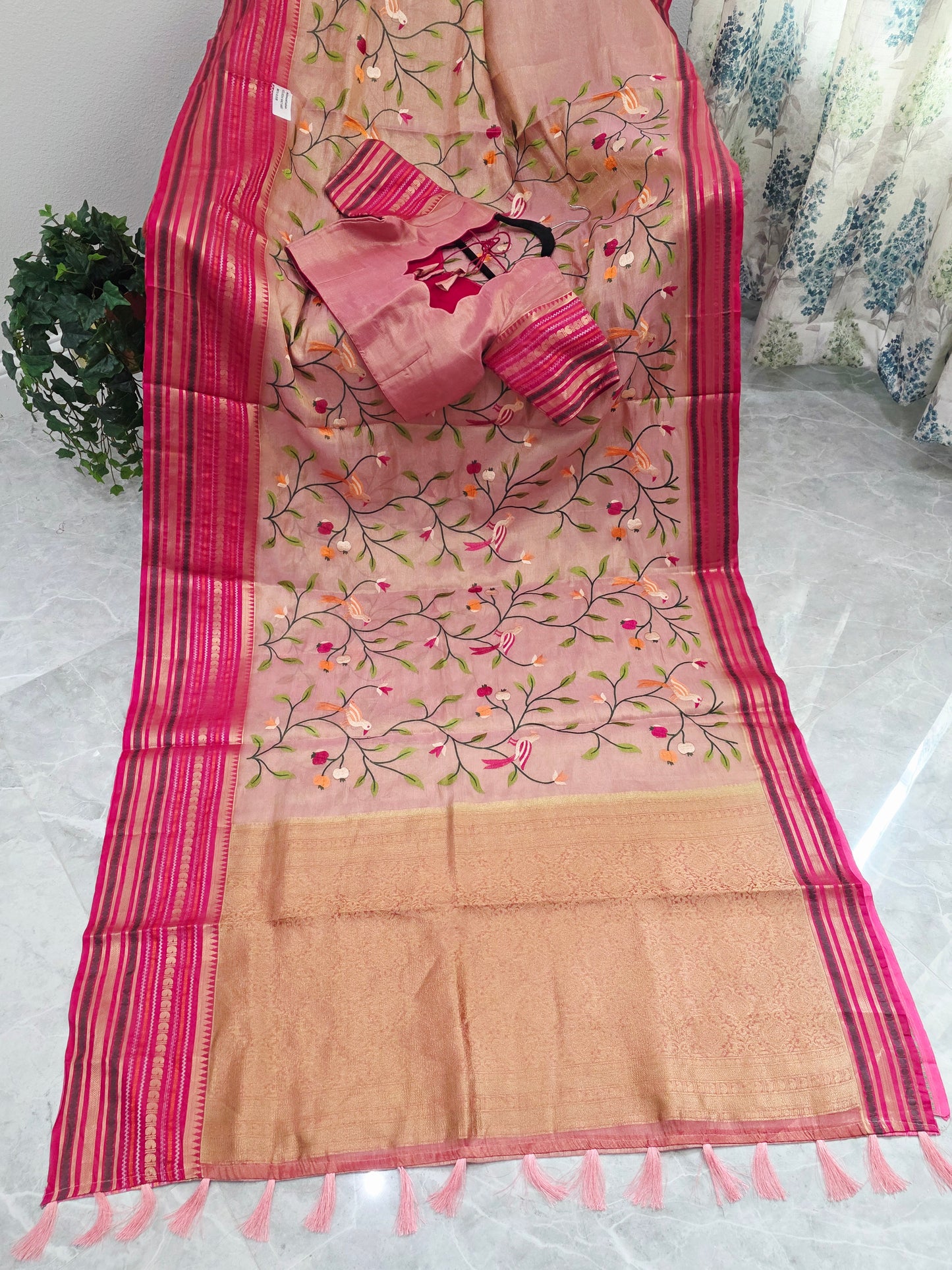 Blush Peach & Rani Pink Soft Tissue Silk Saree with Bird Embroidery & Designer Blouse