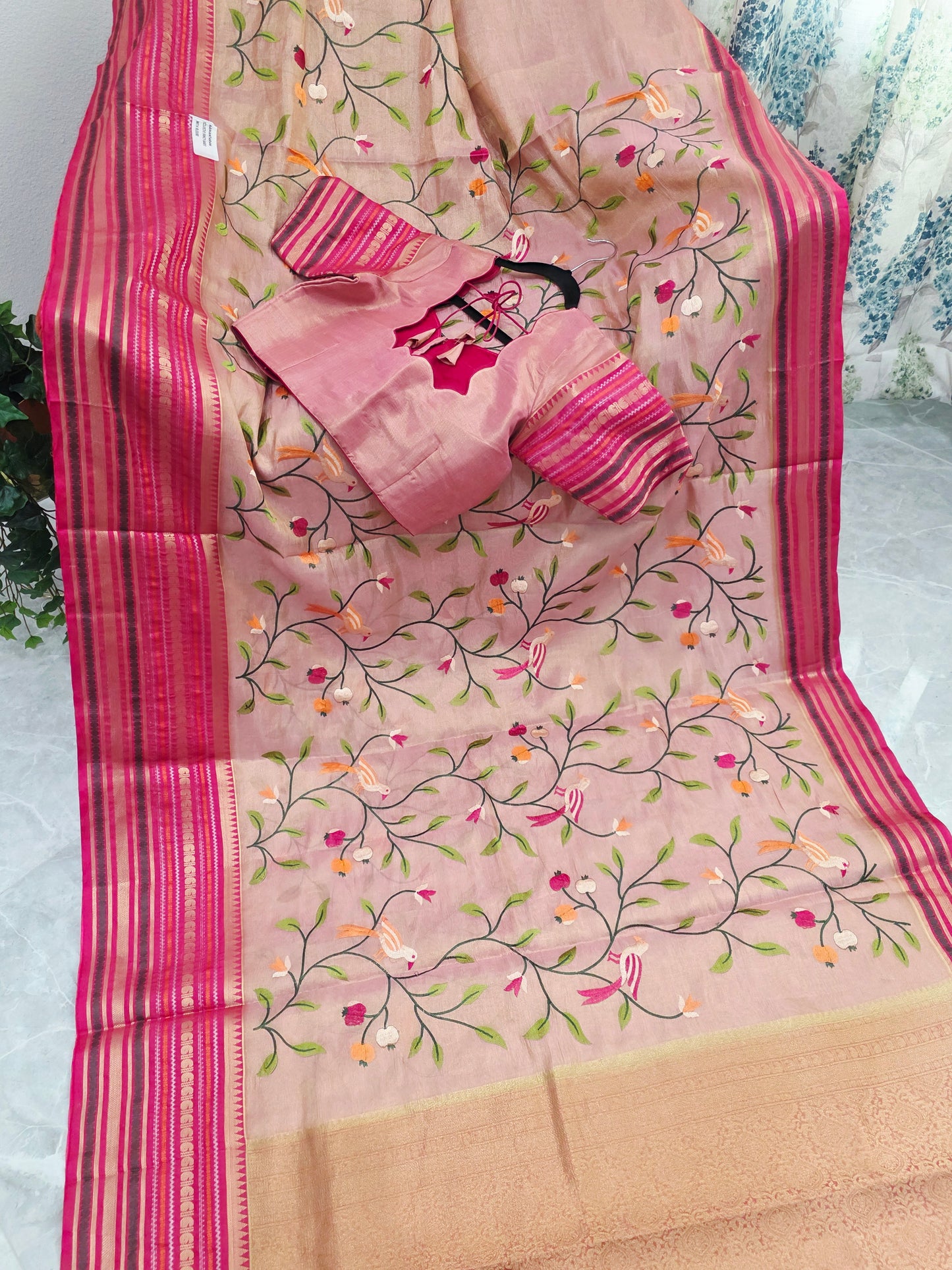 Blush Peach & Rani Pink Soft Tissue Silk Saree with Bird Embroidery & Designer Blouse