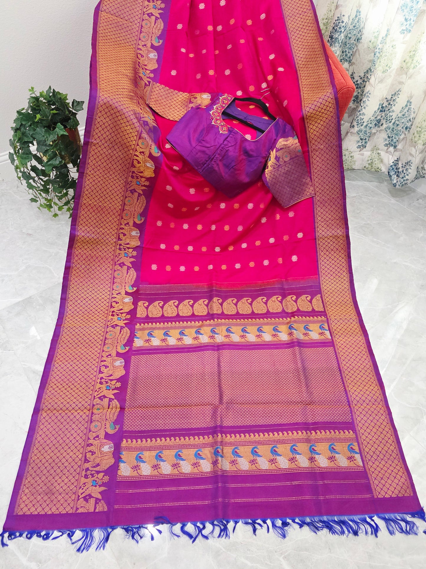 Royal Fuchsia Pink & Regal Violet Pure Gadwal Silk Saree with Meenakari Peacock Elephant Border & Maggam Blouse