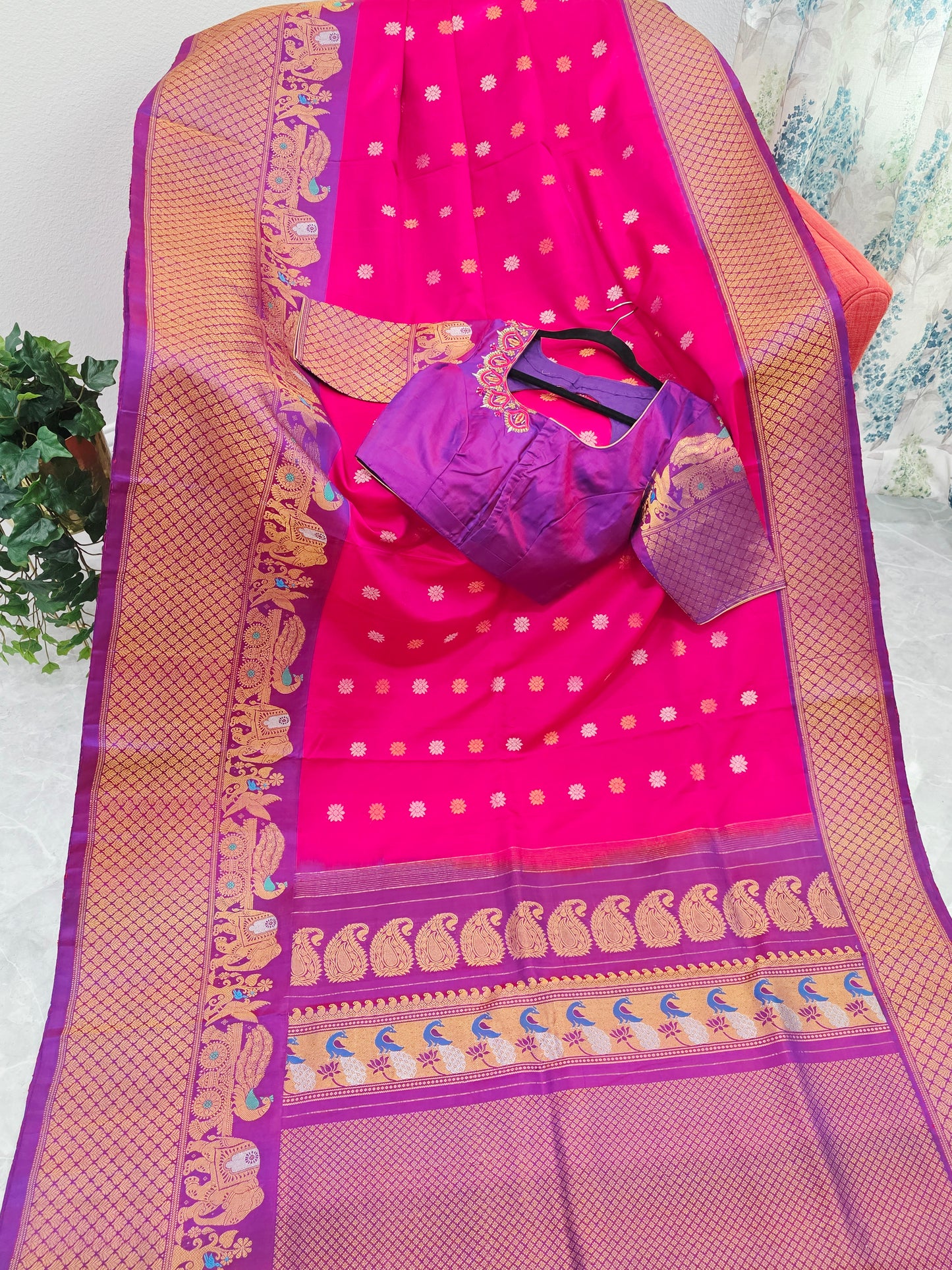 Royal Fuchsia Pink & Regal Violet Pure Gadwal Silk Saree with Meenakari Peacock Elephant Border & Maggam Blouse