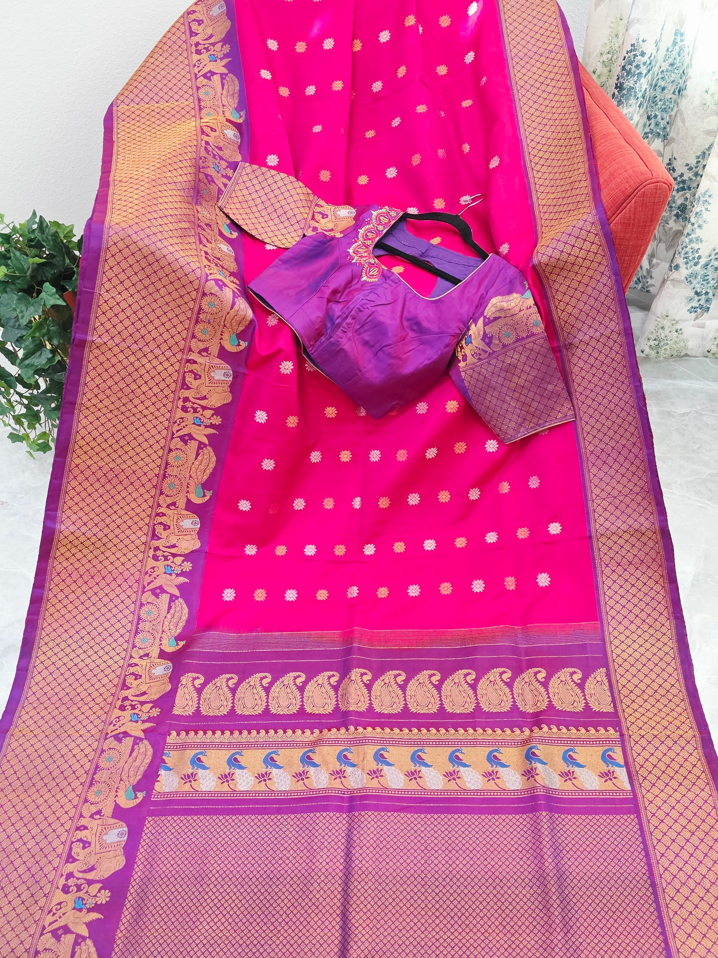 Royal Fuchsia Pink & Regal Violet Pure Gadwal Silk Saree with Meenakari Peacock Elephant Border & Maggam Blouse