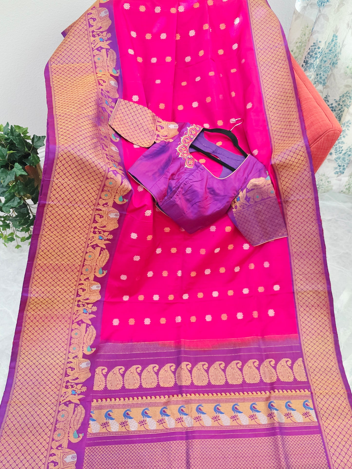 Royal Fuchsia Pink & Regal Violet Pure Gadwal Silk Saree with Meenakari Peacock Elephant Border & Maggam Blouse
