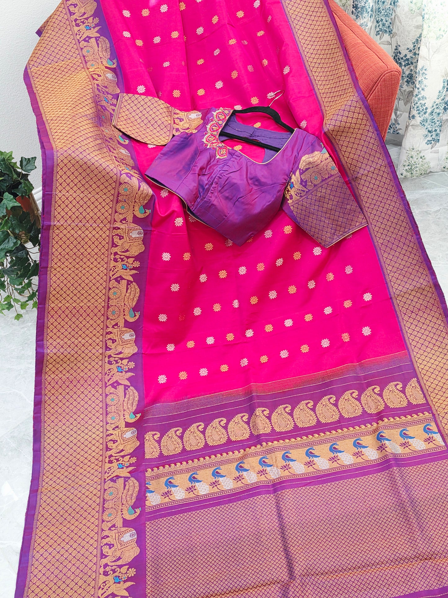 Royal Fuchsia Pink & Regal Violet Pure Gadwal Silk Saree with Meenakari Peacock Elephant Border & Maggam Blouse