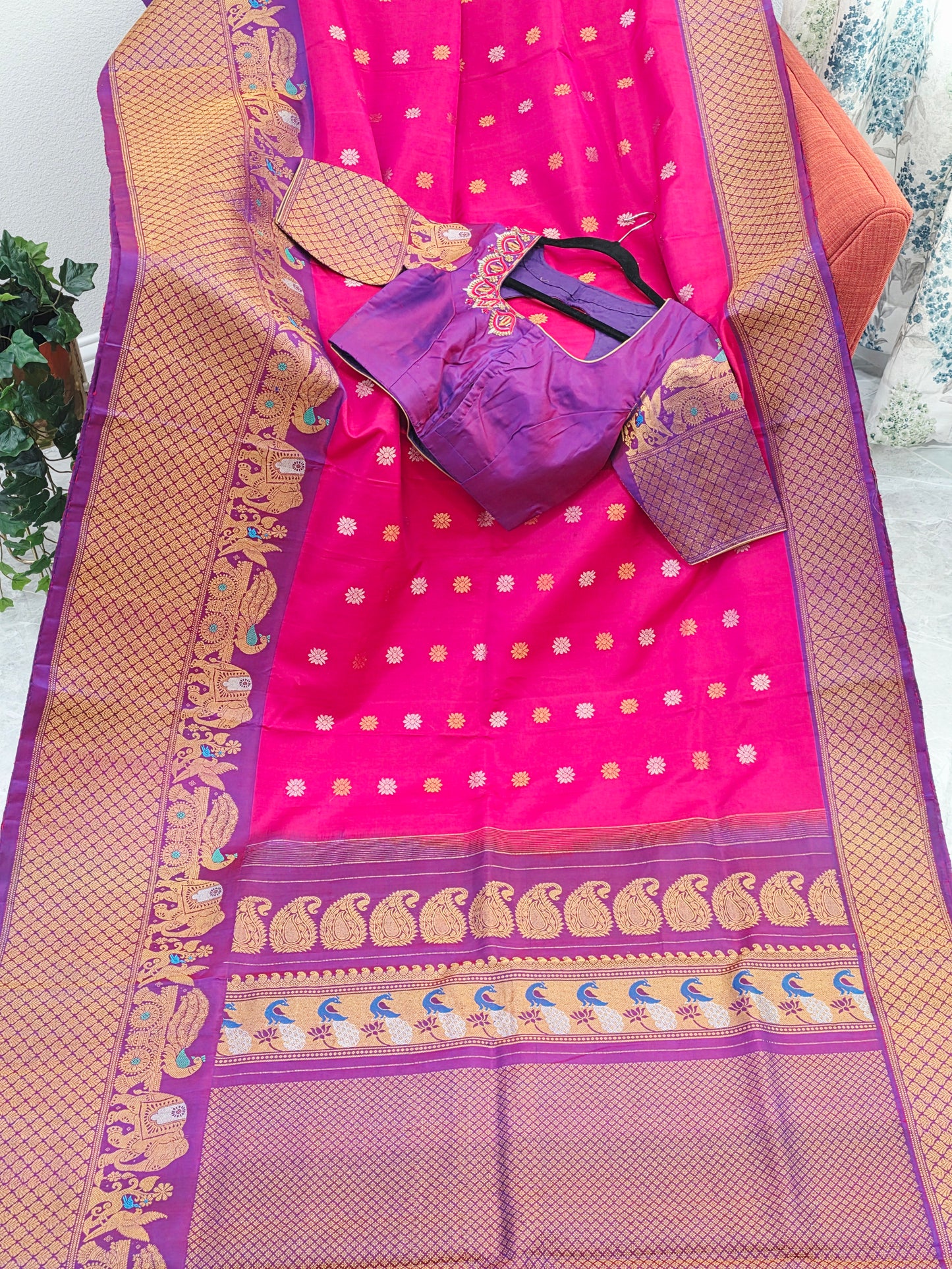 Royal Fuchsia Pink & Regal Violet Pure Gadwal Silk Saree with Meenakari Peacock Elephant Border & Maggam Blouse