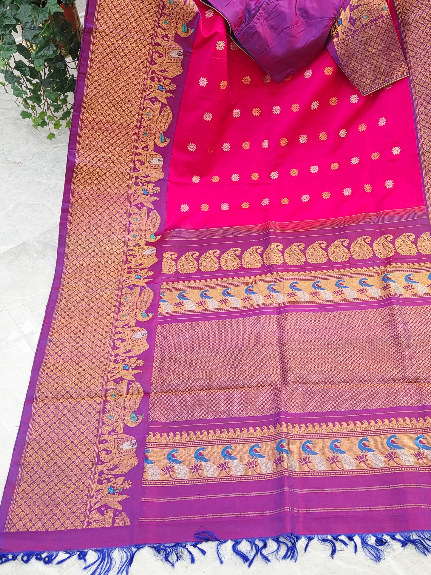 Royal Fuchsia Pink & Regal Violet Pure Gadwal Silk Saree with Meenakari Peacock Elephant Border & Maggam Blouse