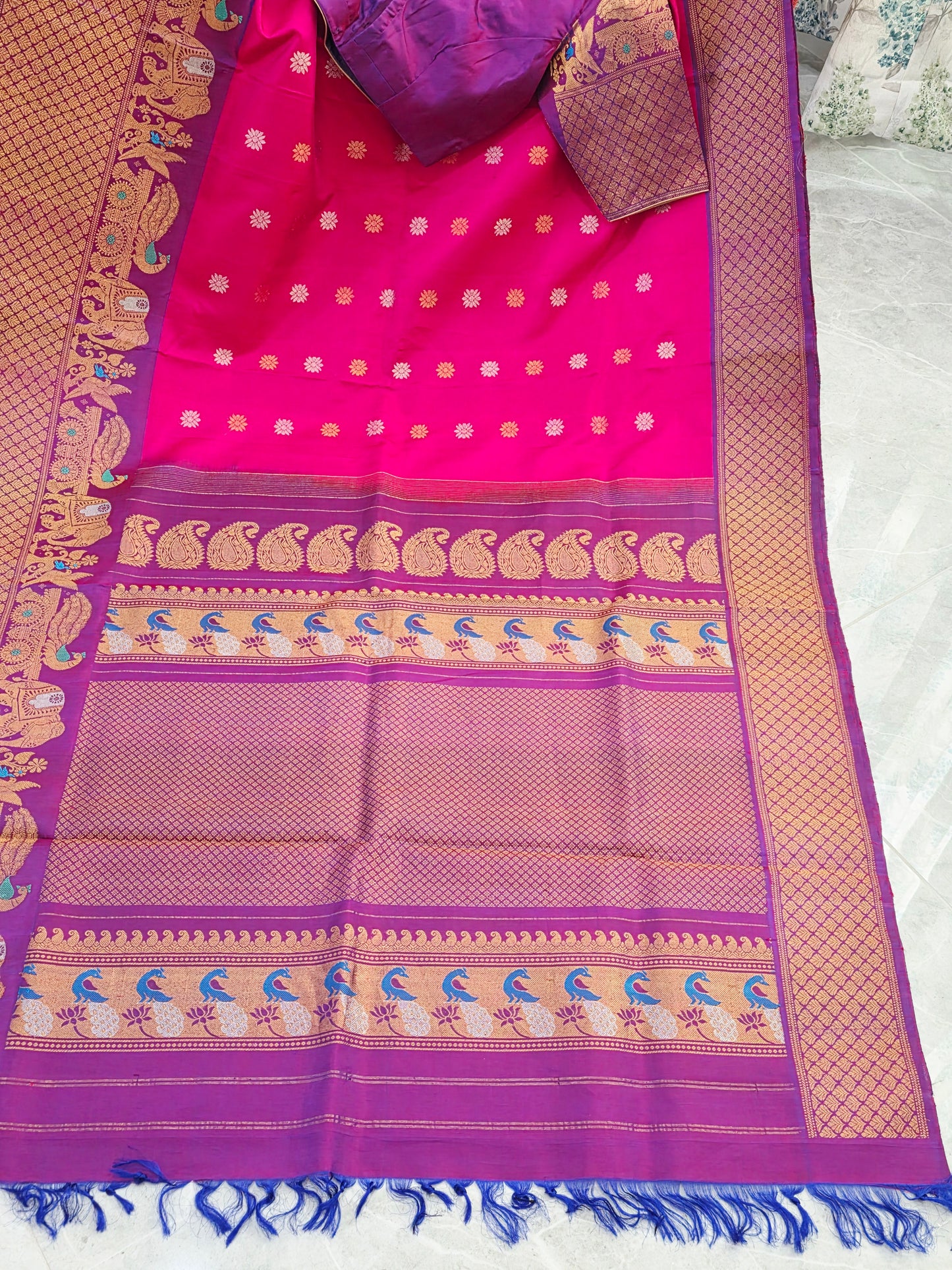 Royal Fuchsia Pink & Regal Violet Pure Gadwal Silk Saree with Meenakari Peacock Elephant Border & Maggam Blouse
