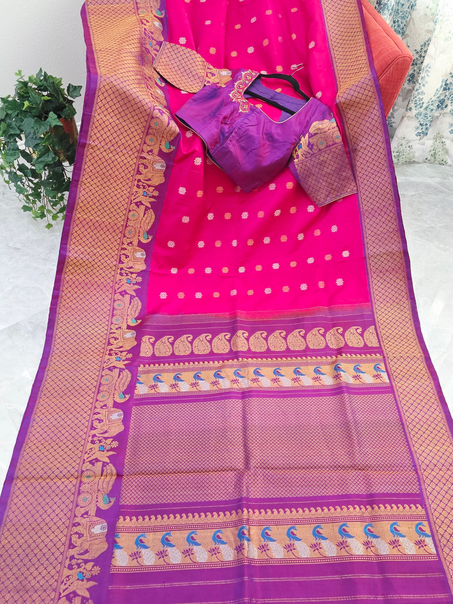 Royal Fuchsia Pink & Regal Violet Pure Gadwal Silk Saree with Meenakari Peacock Elephant Border & Maggam Blouse
