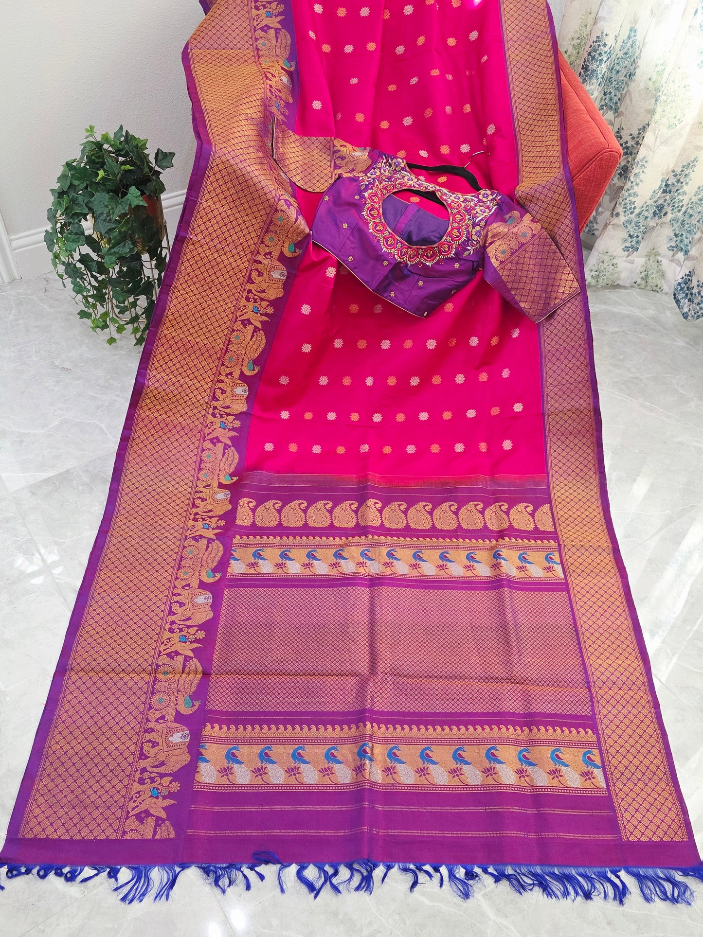Royal Fuchsia Pink & Regal Violet Pure Gadwal Silk Saree with Meenakari Peacock Elephant Border & Maggam Blouse