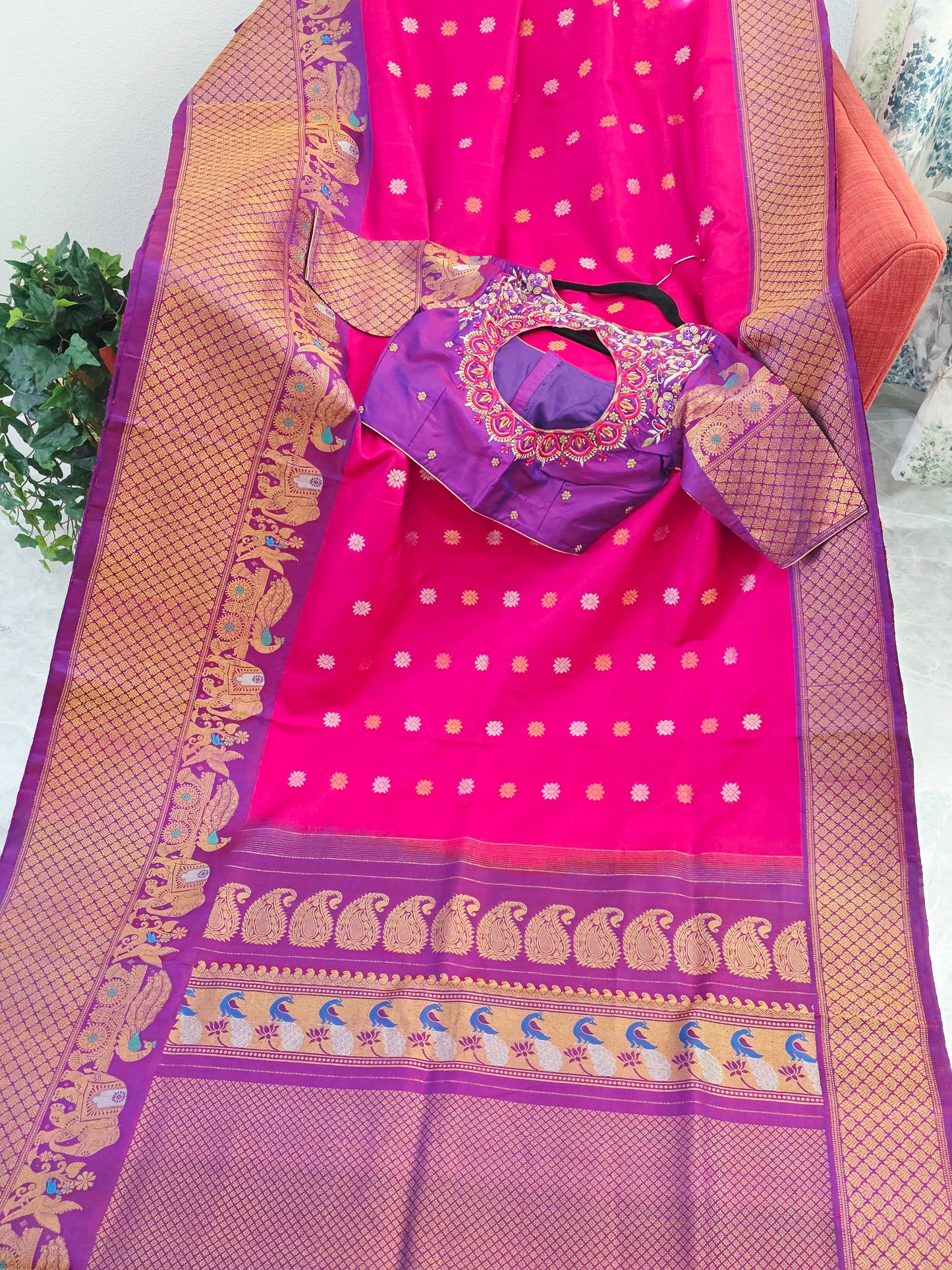 Royal Fuchsia Pink & Regal Violet Pure Gadwal Silk Saree with Meenakari Peacock Elephant Border & Maggam Blouse