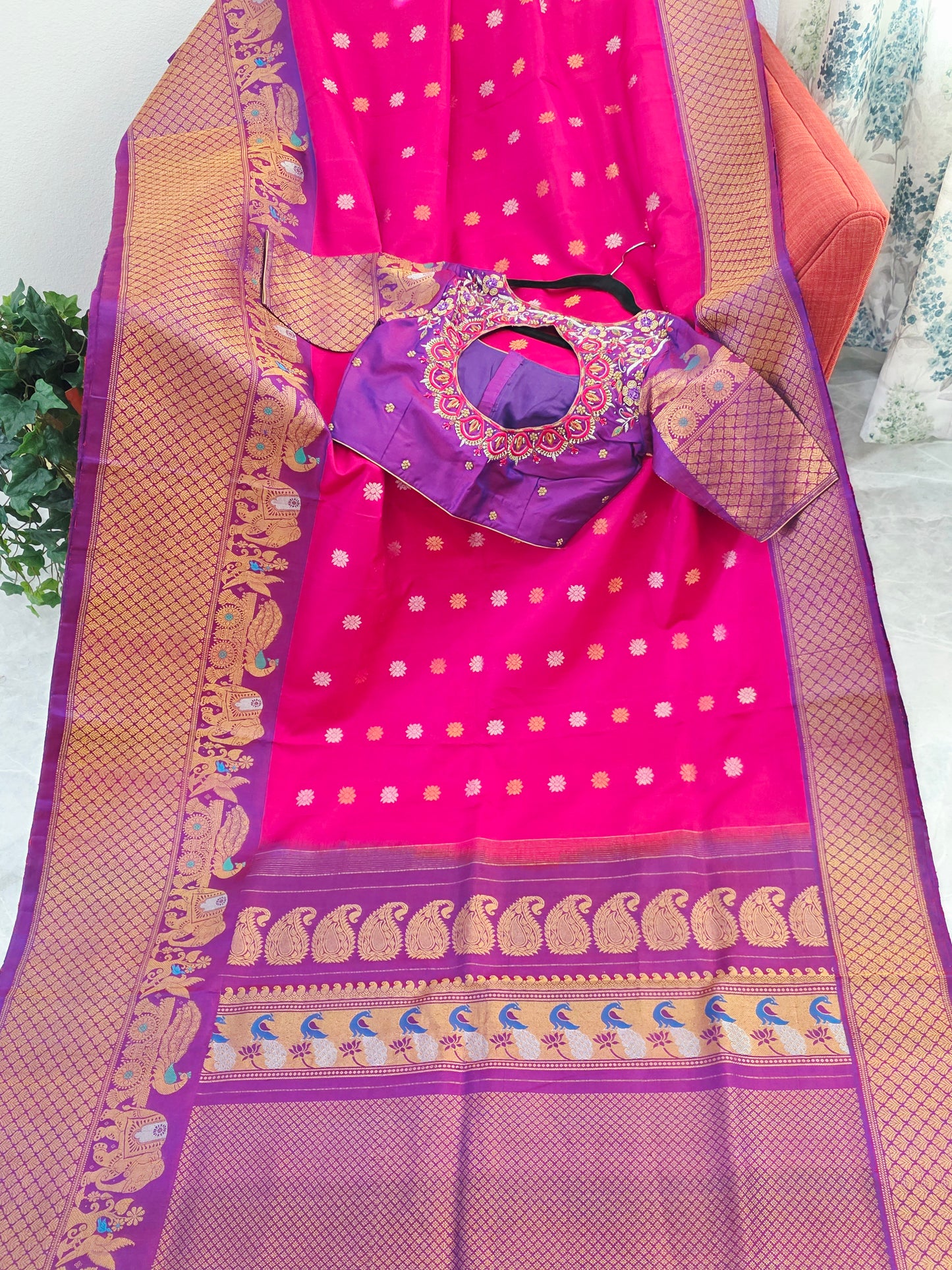 Royal Fuchsia Pink & Regal Violet Pure Gadwal Silk Saree with Meenakari Peacock Elephant Border & Maggam Blouse