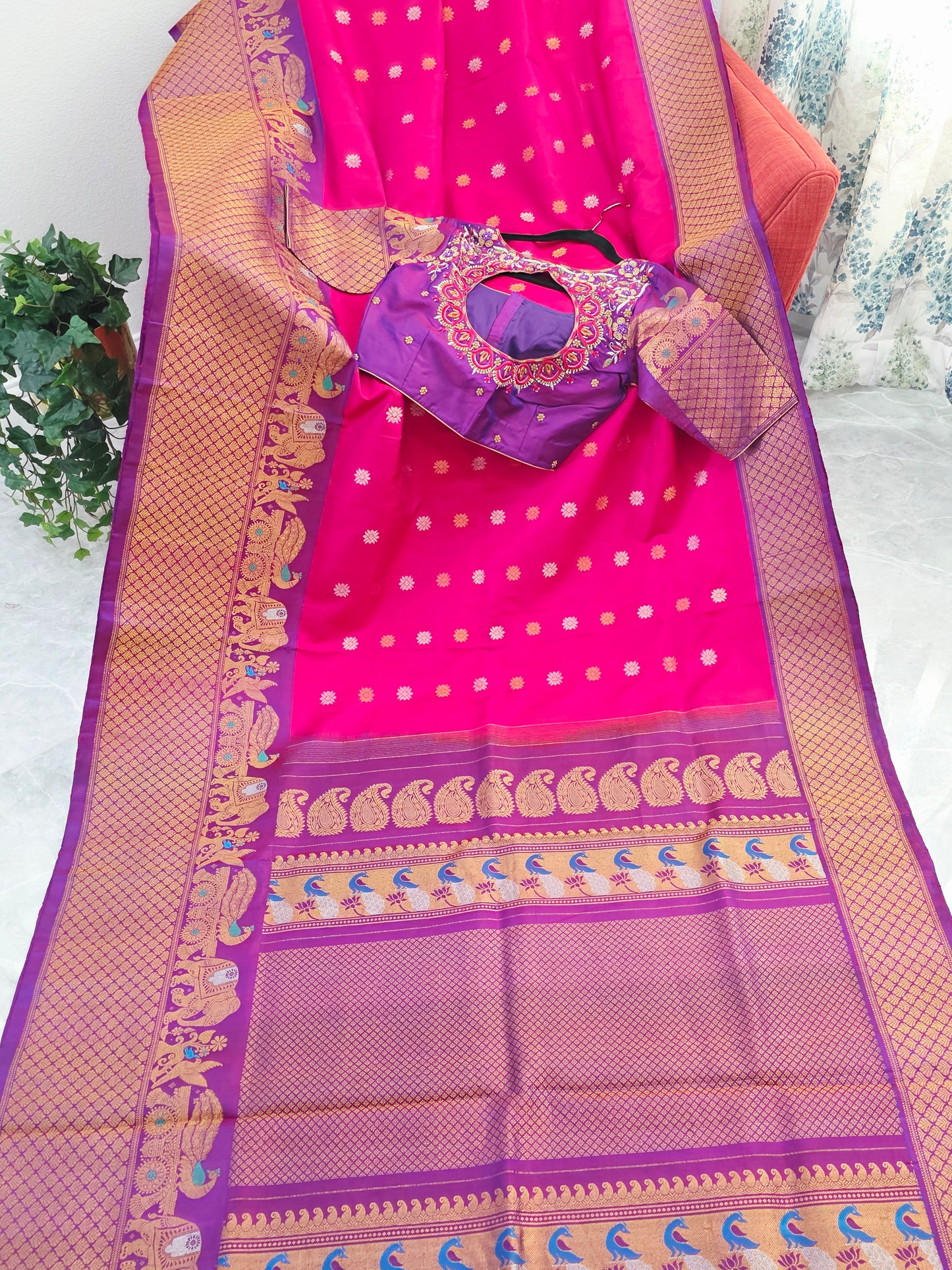 Royal Fuchsia Pink & Regal Violet Pure Gadwal Silk Saree with Meenakari Peacock Elephant Border & Maggam Blouse
