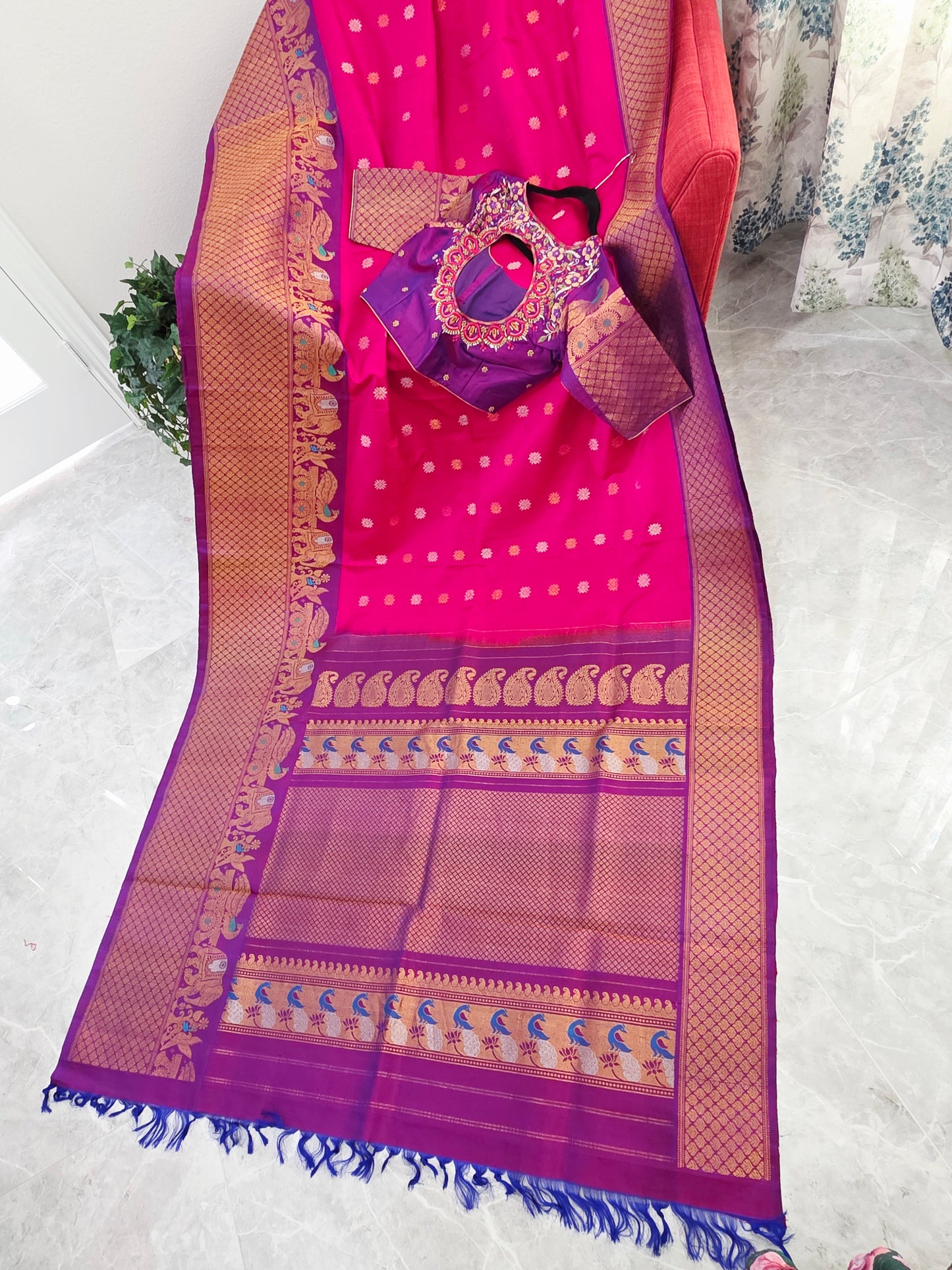 Royal Fuchsia Pink & Regal Violet Pure Gadwal Silk Saree with Meenakari Peacock Elephant Border & Maggam Blouse