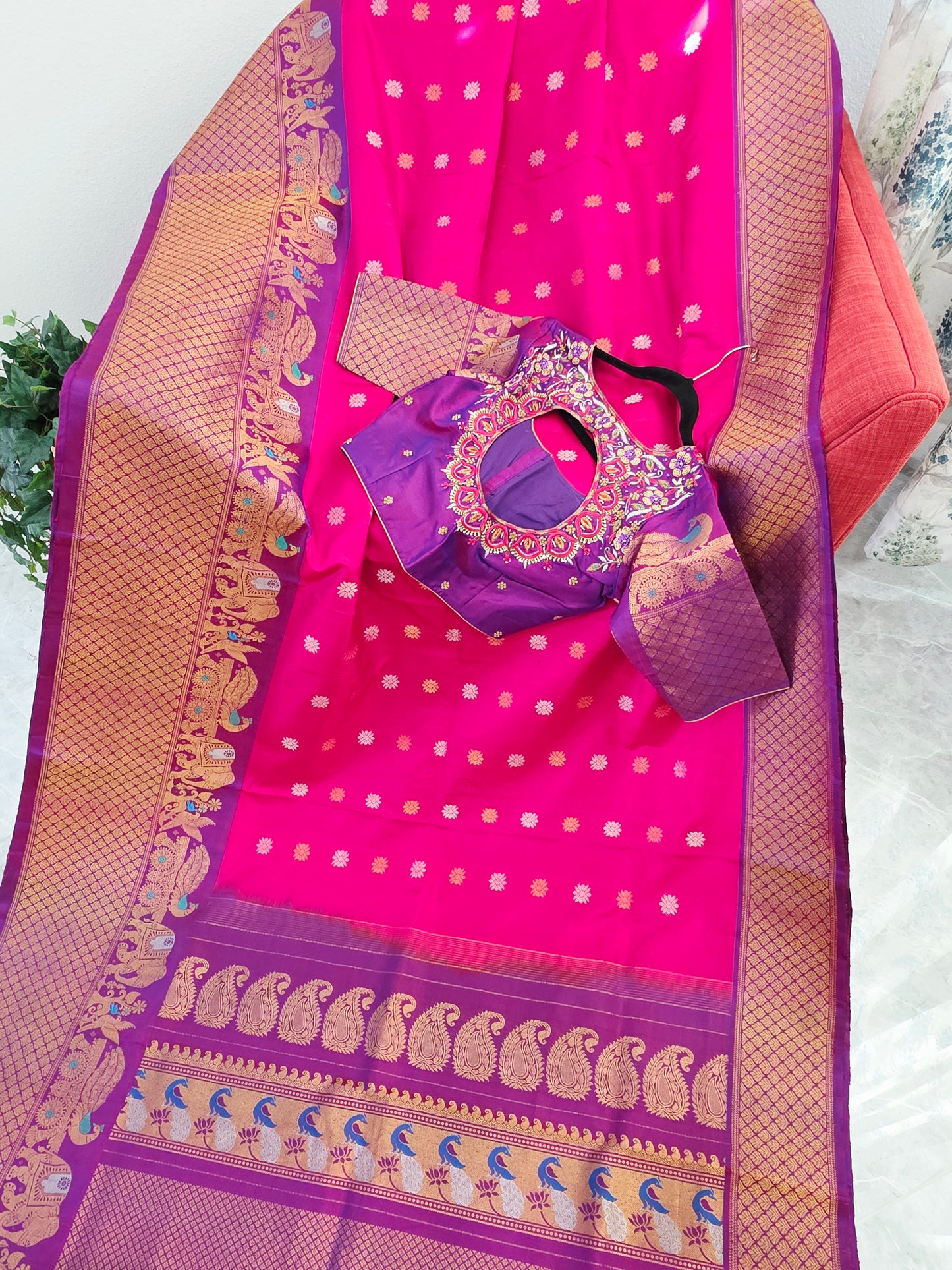 Royal Fuchsia Pink & Regal Violet Pure Gadwal Silk Saree with Meenakari Peacock Elephant Border & Maggam Blouse