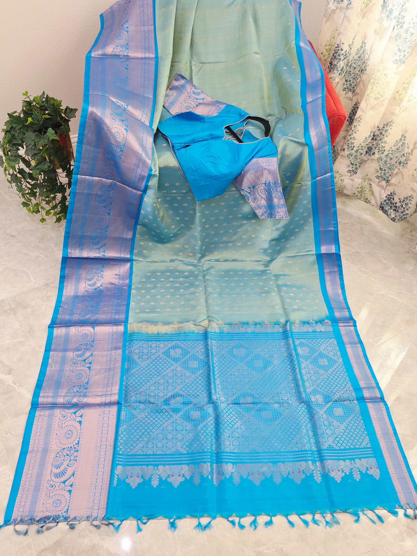 Pastel Mint Green & Aqua Blue Contemporary Pure Gadwal Silk Saree with Silver Zari Weaving & Designer Blouse