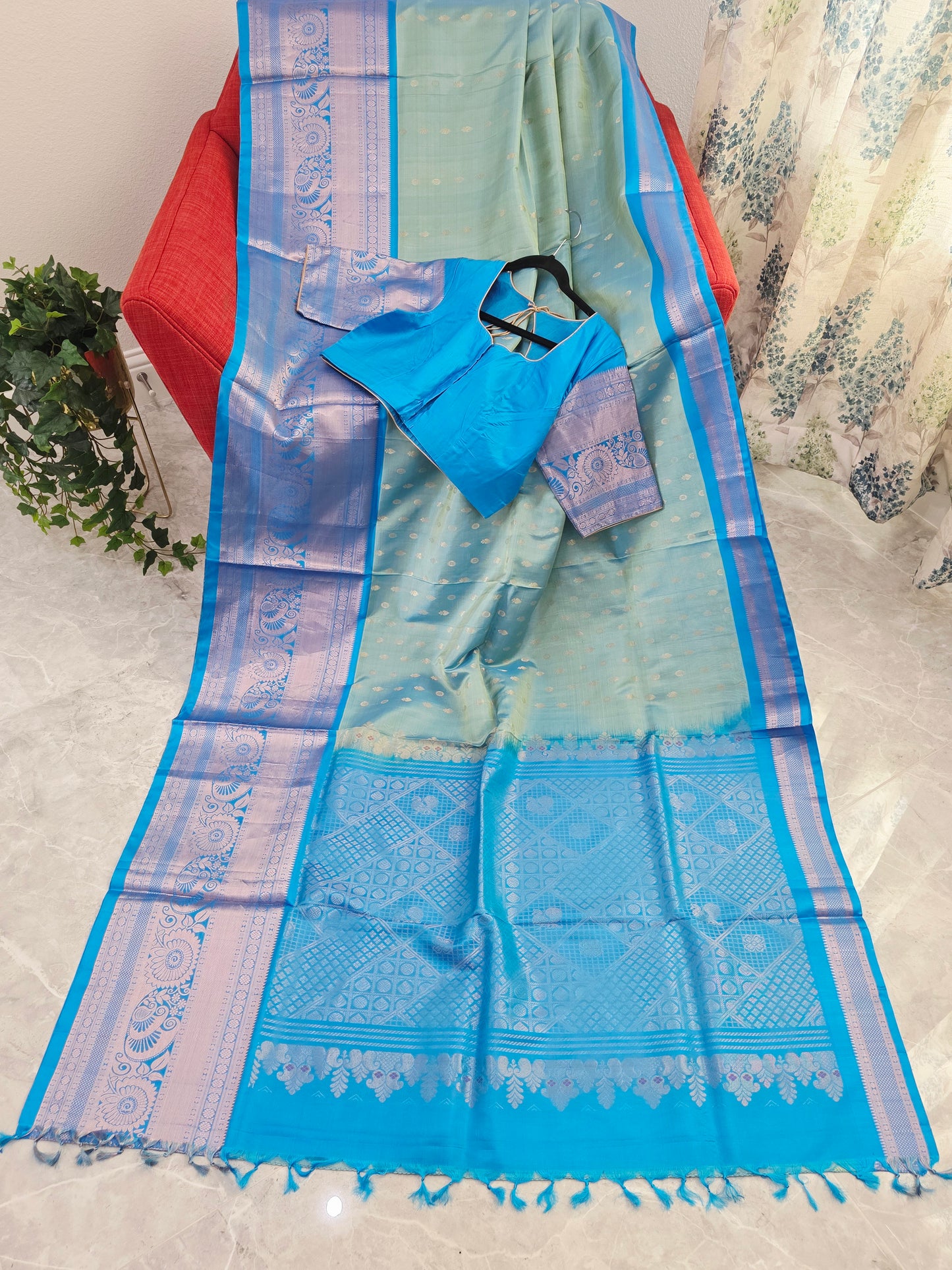 Pastel Mint Green & Aqua Blue Contemporary Pure Gadwal Silk Saree with Silver Zari Weaving & Designer Blouse