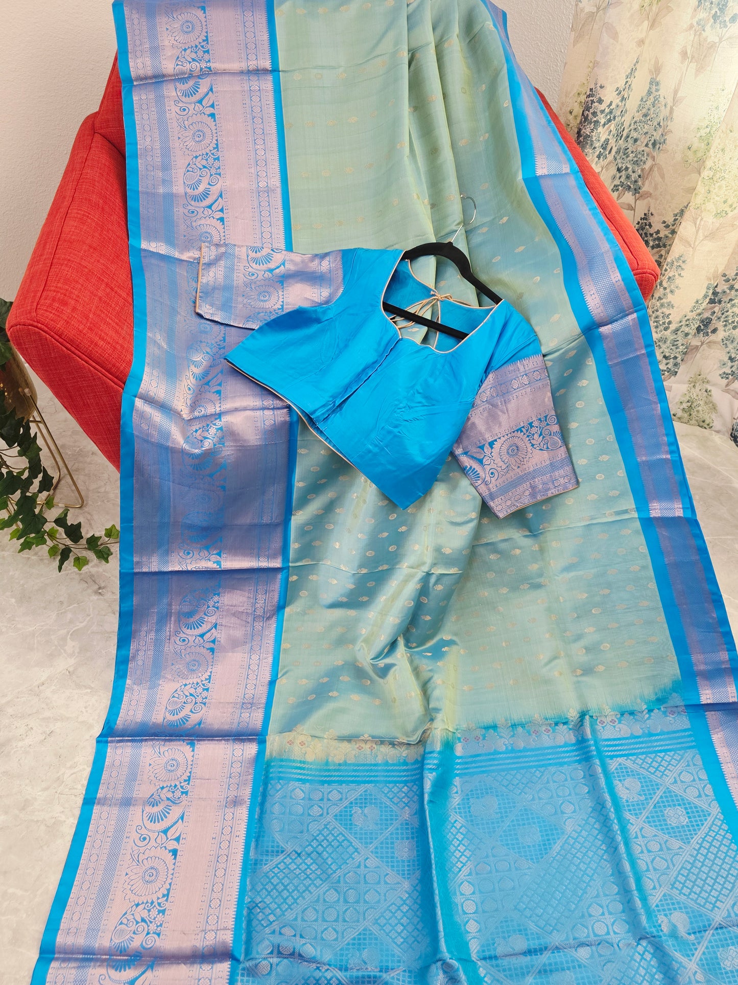 Pastel Mint Green & Aqua Blue Contemporary Pure Gadwal Silk Saree with Silver Zari Weaving & Designer Blouse