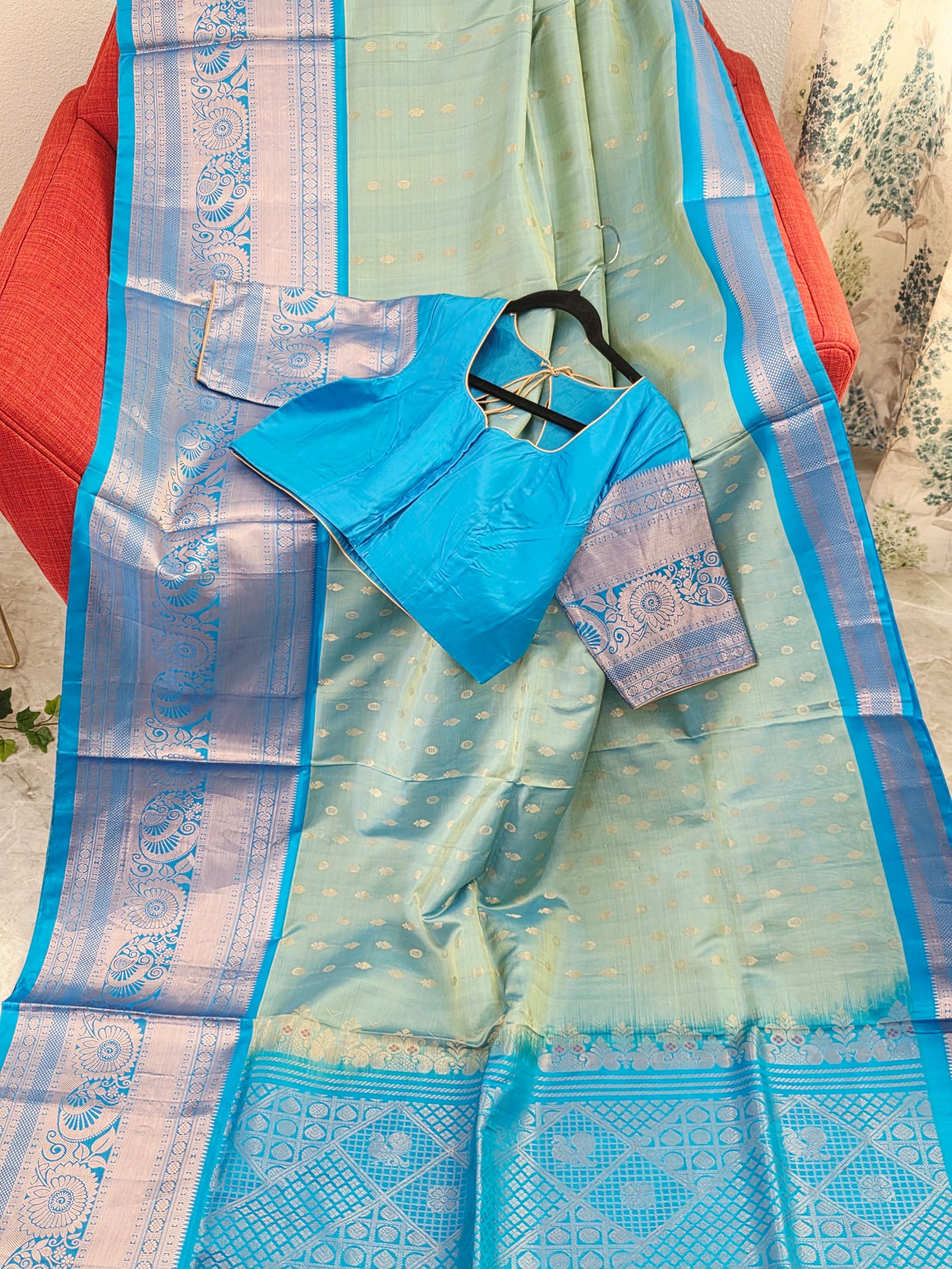 Pastel Mint Green & Aqua Blue Contemporary Pure Gadwal Silk Saree with Silver Zari Weaving & Designer Blouse