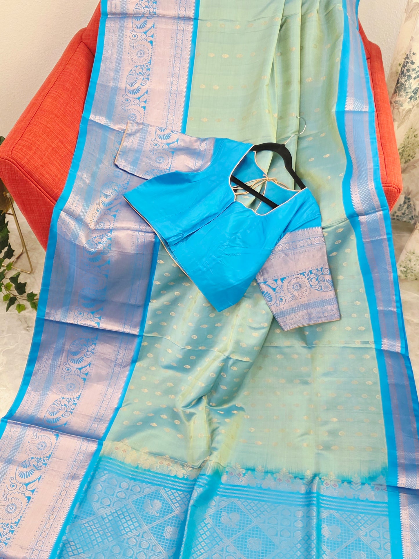 Pastel Mint Green & Aqua Blue Contemporary Pure Gadwal Silk Saree with Silver Zari Weaving & Designer Blouse