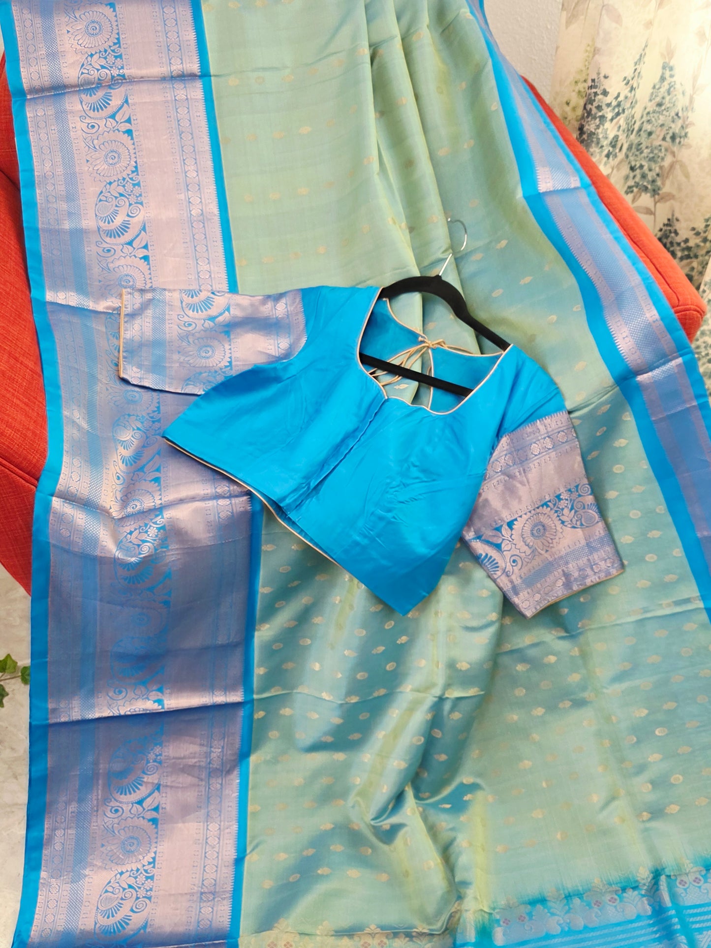 Pastel Mint Green & Aqua Blue Contemporary Pure Gadwal Silk Saree with Silver Zari Weaving & Designer Blouse