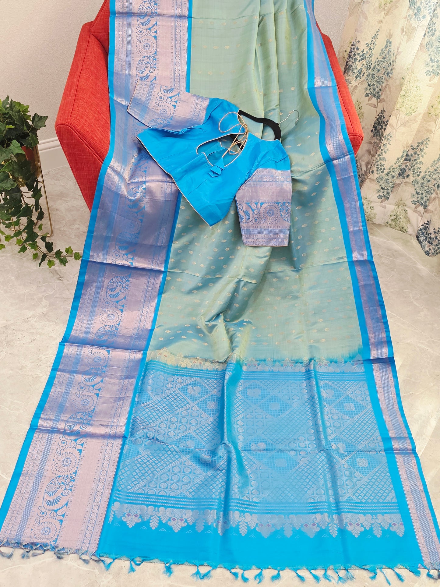 Pastel Mint Green & Aqua Blue Contemporary Pure Gadwal Silk Saree with Silver Zari Weaving & Designer Blouse