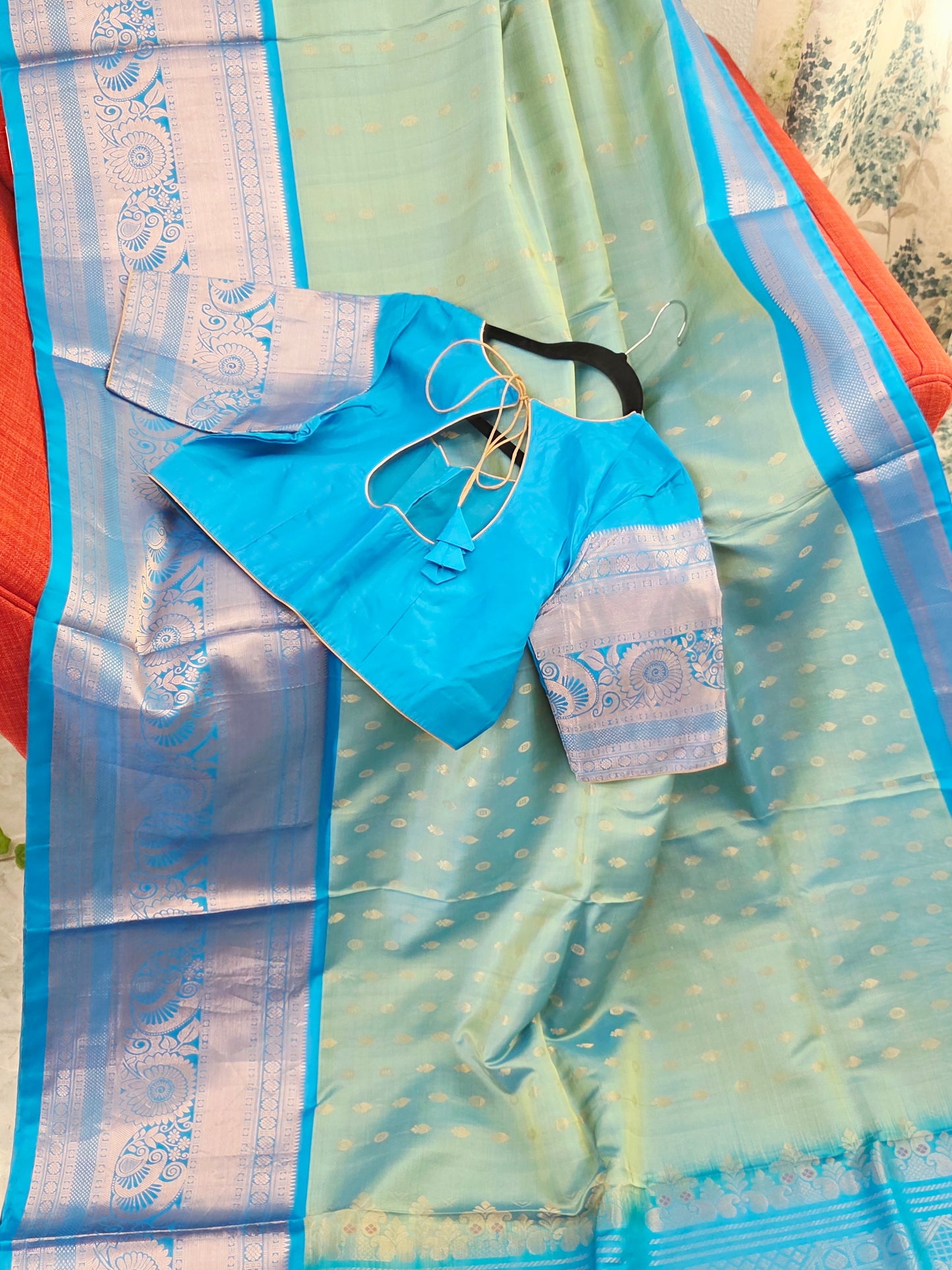 Pastel Mint Green & Aqua Blue Contemporary Pure Gadwal Silk Saree with Silver Zari Weaving & Designer Blouse