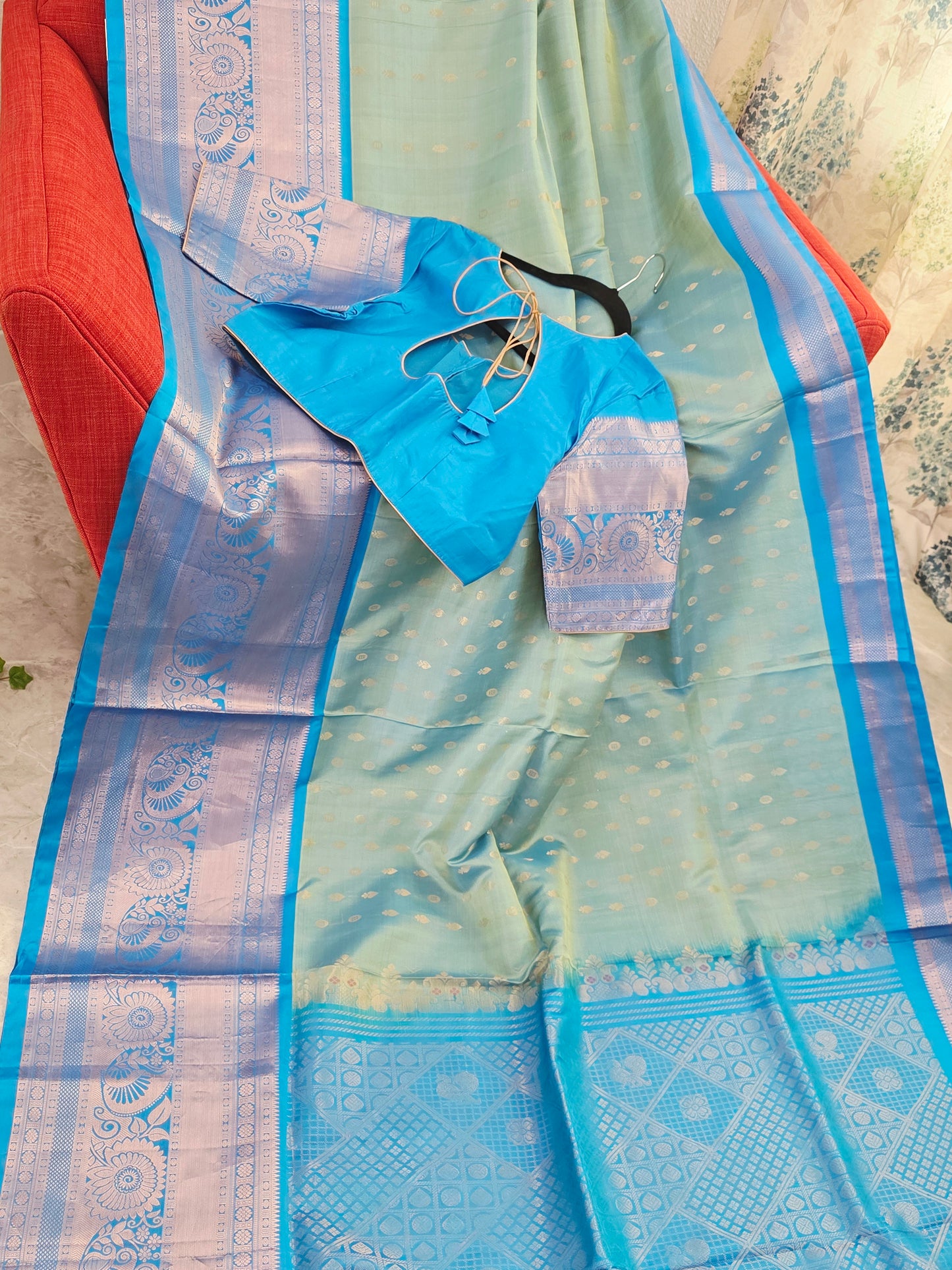 Pastel Mint Green & Aqua Blue Contemporary Pure Gadwal Silk Saree with Silver Zari Weaving & Designer Blouse