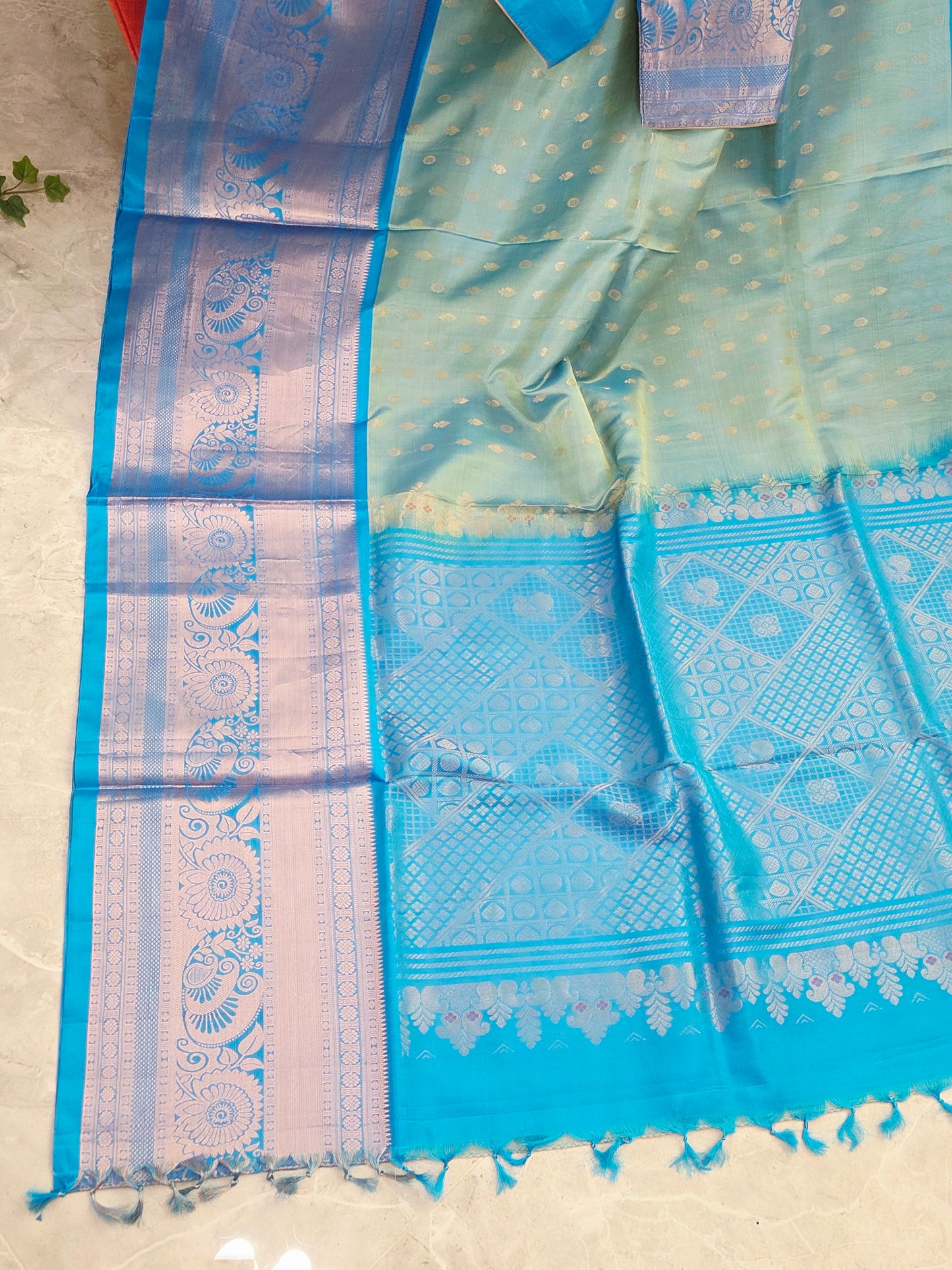 Pastel Mint Green & Aqua Blue Contemporary Pure Gadwal Silk Saree with Silver Zari Weaving & Designer Blouse