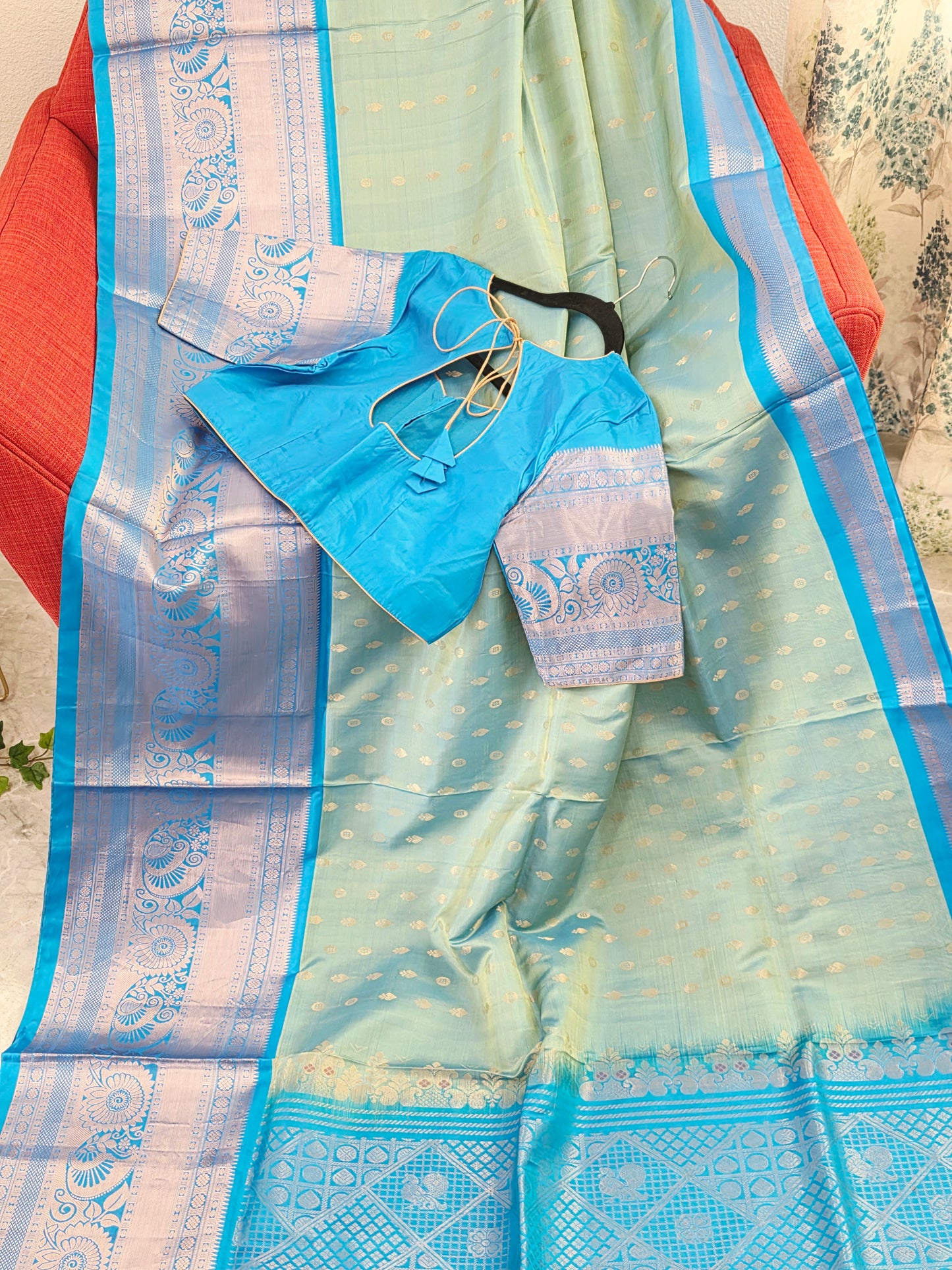 Pastel Mint Green & Aqua Blue Contemporary Pure Gadwal Silk Saree with Silver Zari Weaving & Designer Blouse