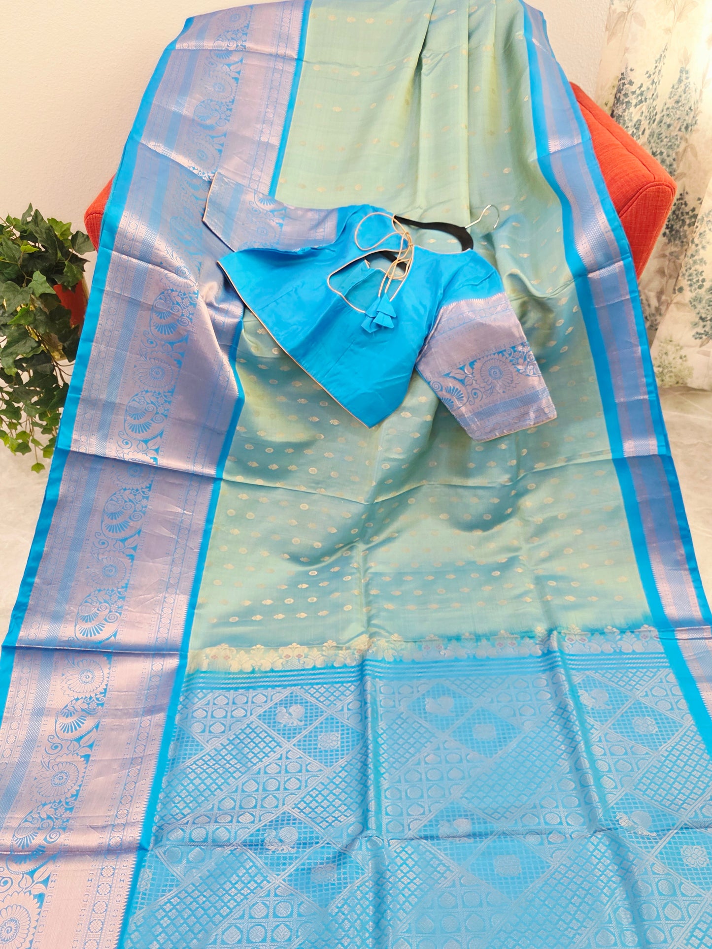 Pastel Mint Green & Aqua Blue Contemporary Pure Gadwal Silk Saree with Silver Zari Weaving & Designer Blouse