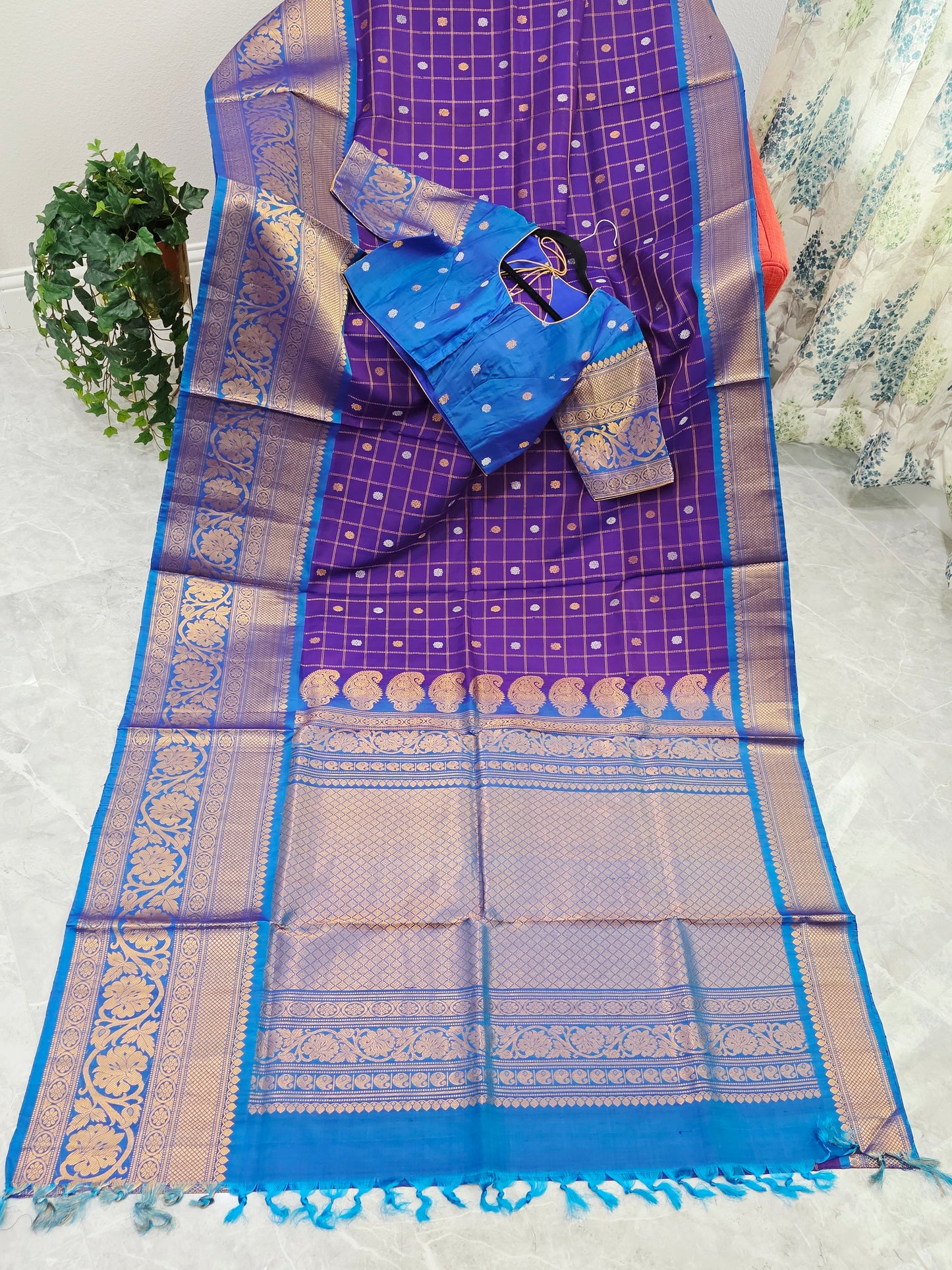 Royal Violet & Turquoise Blue Pure Gadwal Silk Saree with Vintage Checks Zari Weave & Designer Blouse