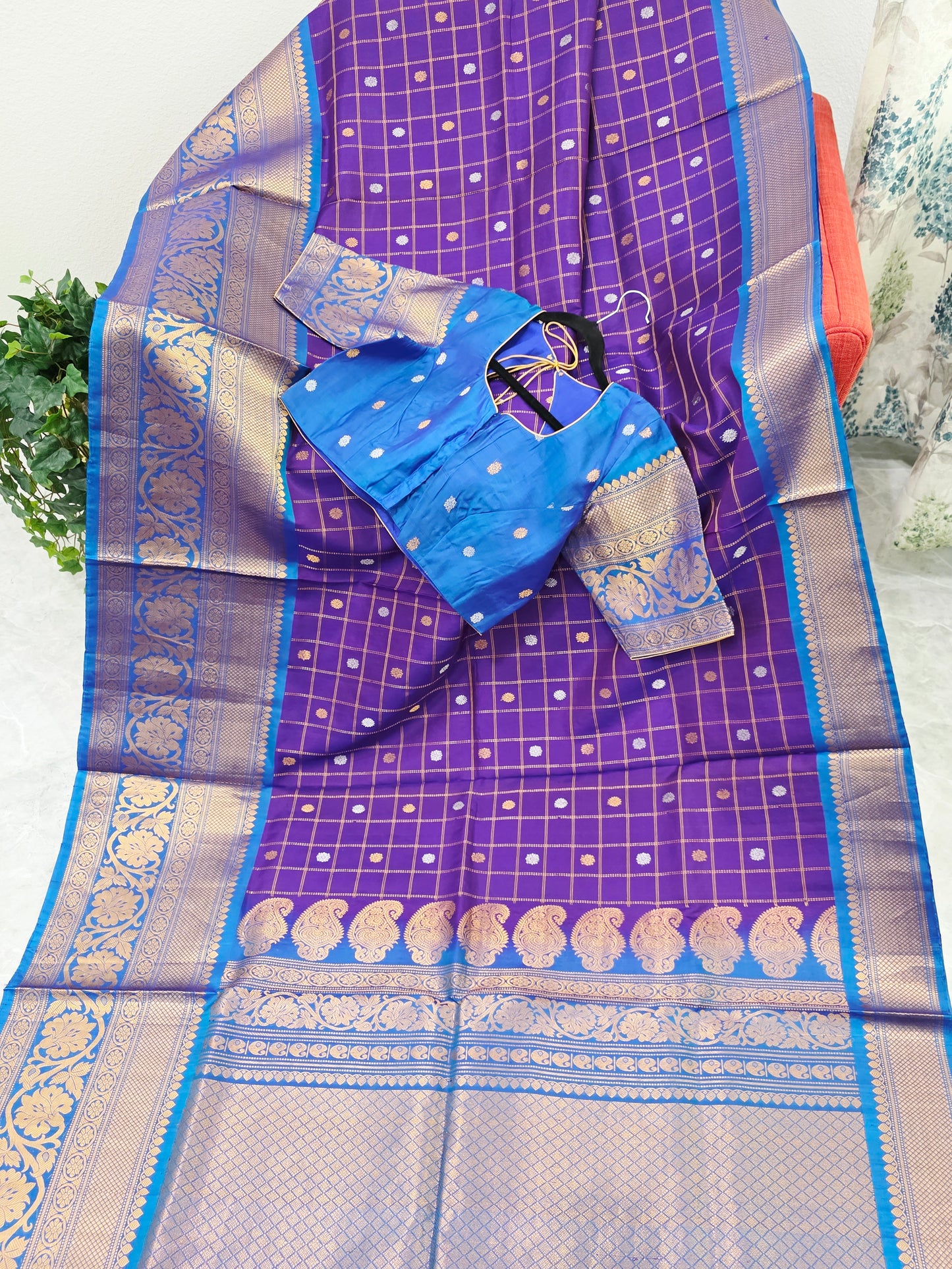 Royal Violet & Turquoise Blue Pure Gadwal Silk Saree with Vintage Checks Zari Weave & Designer Blouse