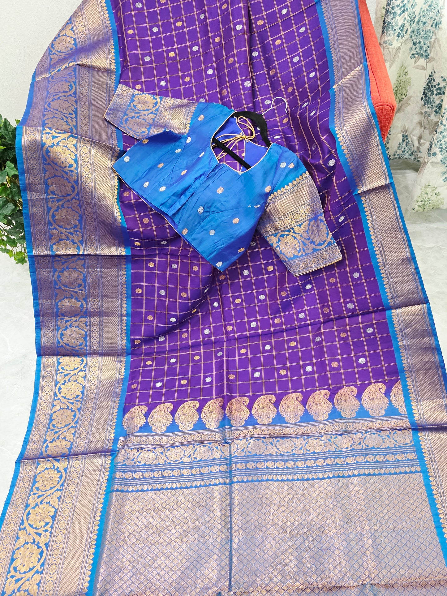 Royal Violet & Turquoise Blue Pure Gadwal Silk Saree with Vintage Checks Zari Weave & Designer Blouse