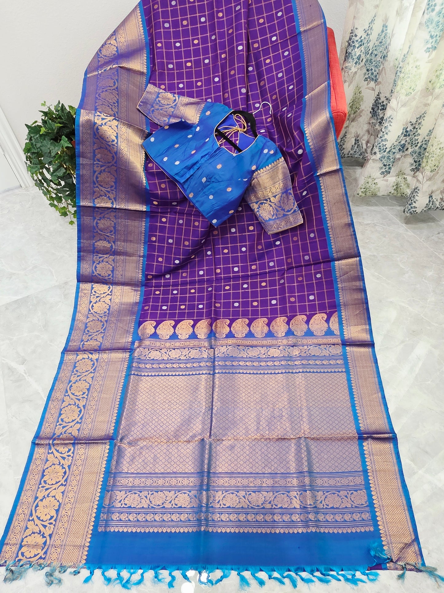Royal Violet & Turquoise Blue Pure Gadwal Silk Saree with Vintage Checks Zari Weave & Designer Blouse