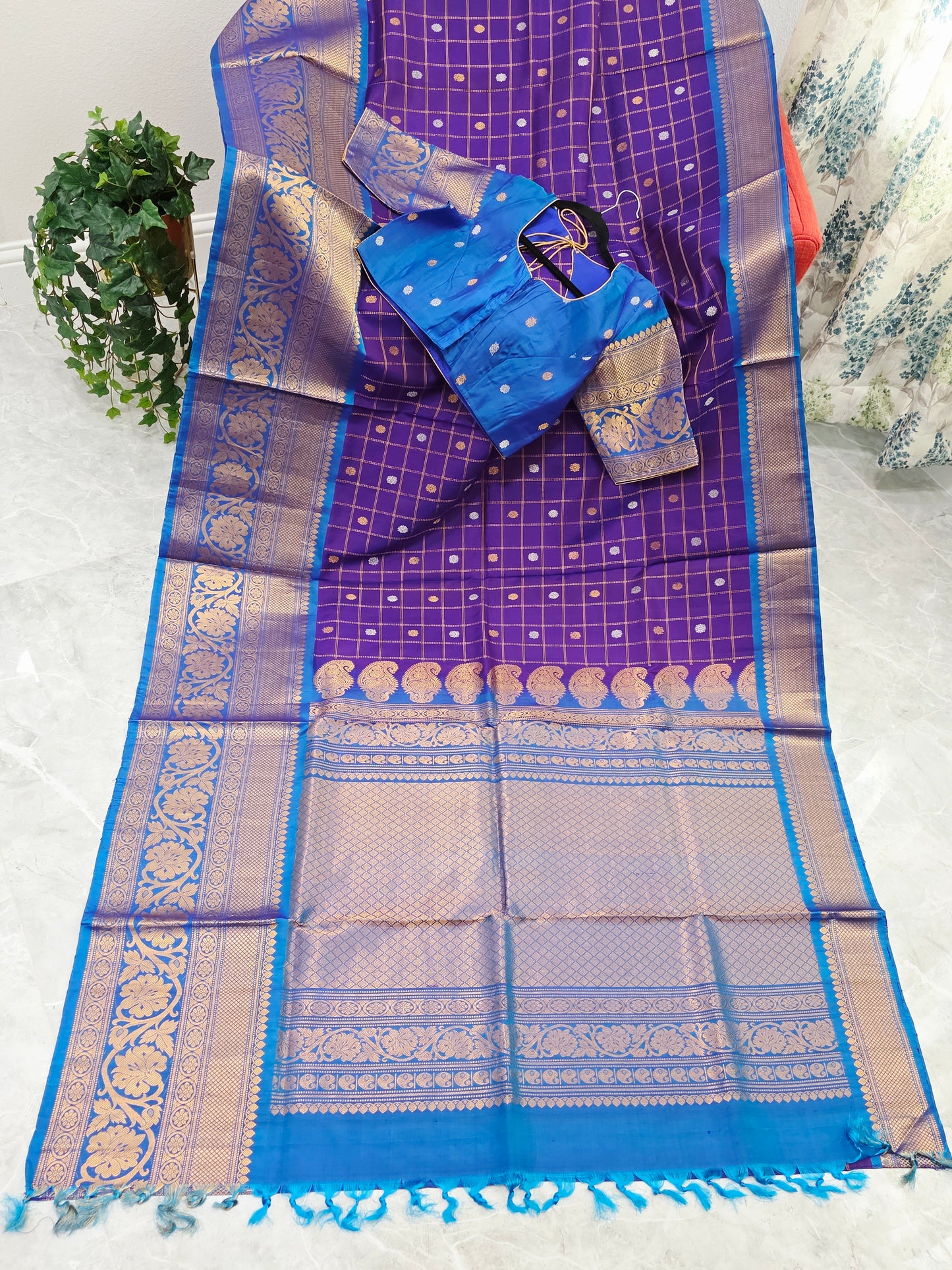 Royal Violet & Turquoise Blue Pure Gadwal Silk Saree with Vintage Checks Zari Weave & Designer Blouse