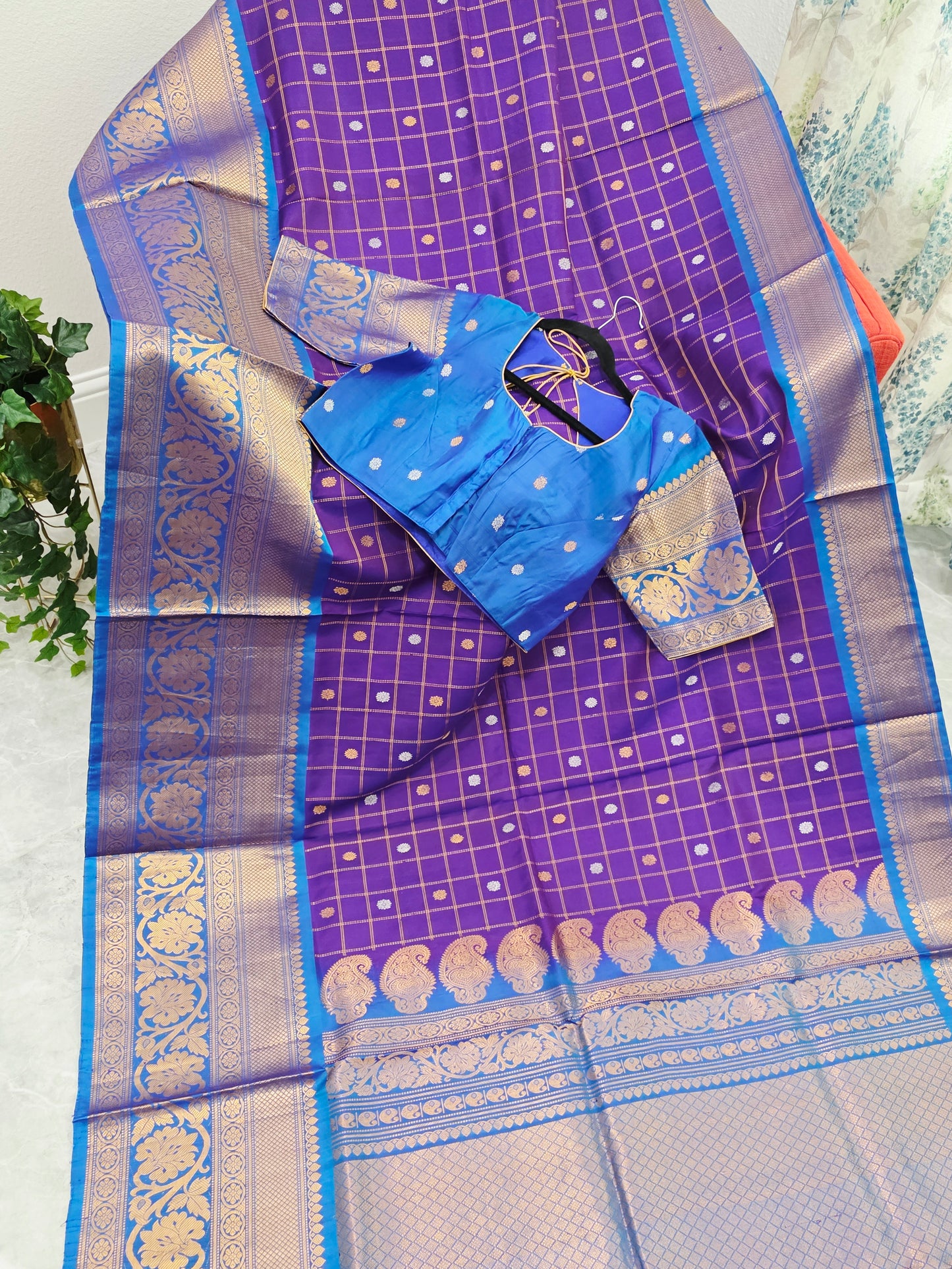 Royal Violet & Turquoise Blue Pure Gadwal Silk Saree with Vintage Checks Zari Weave & Designer Blouse