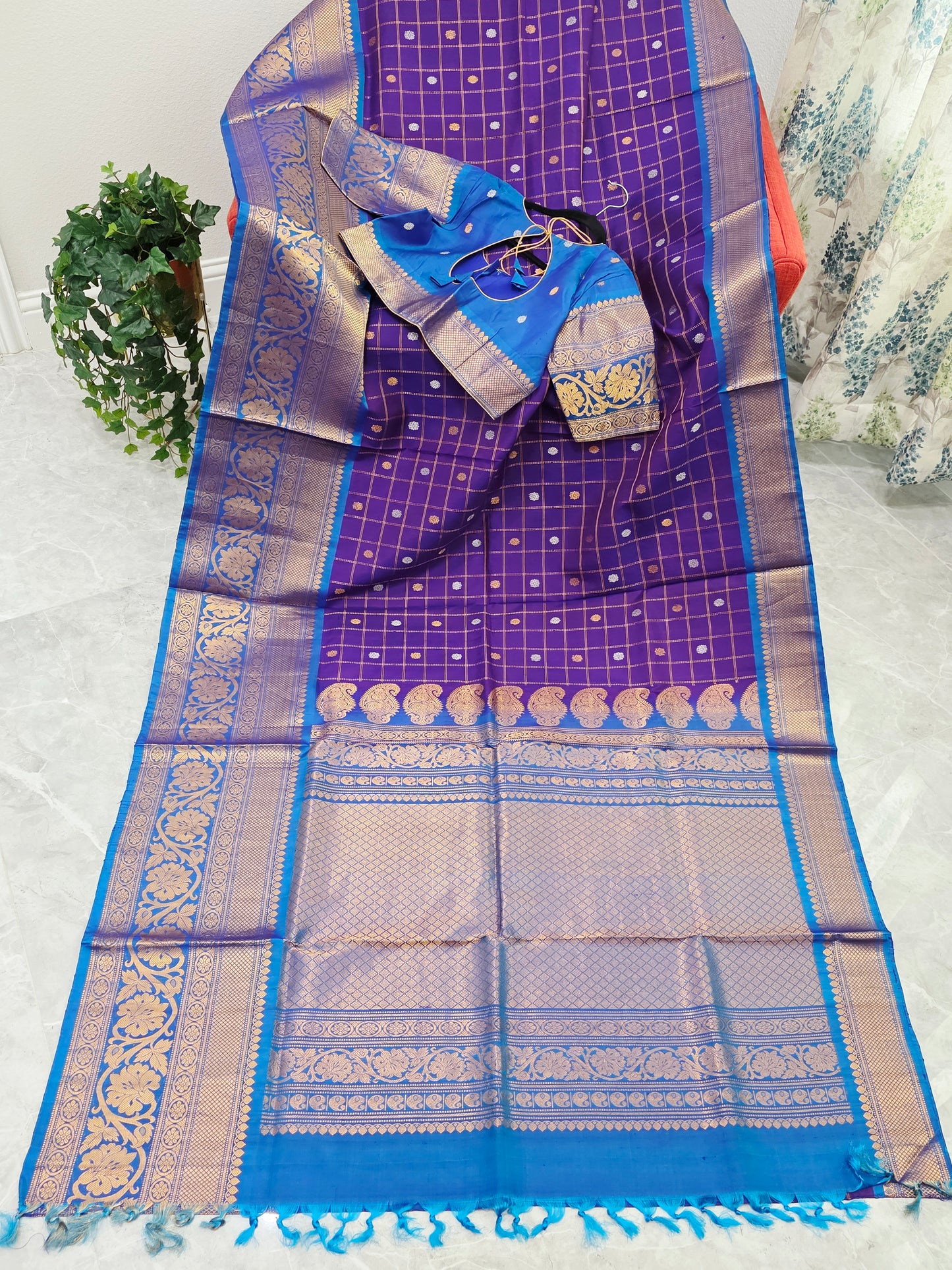 Royal Violet & Turquoise Blue Pure Gadwal Silk Saree with Vintage Checks Zari Weave & Designer Blouse