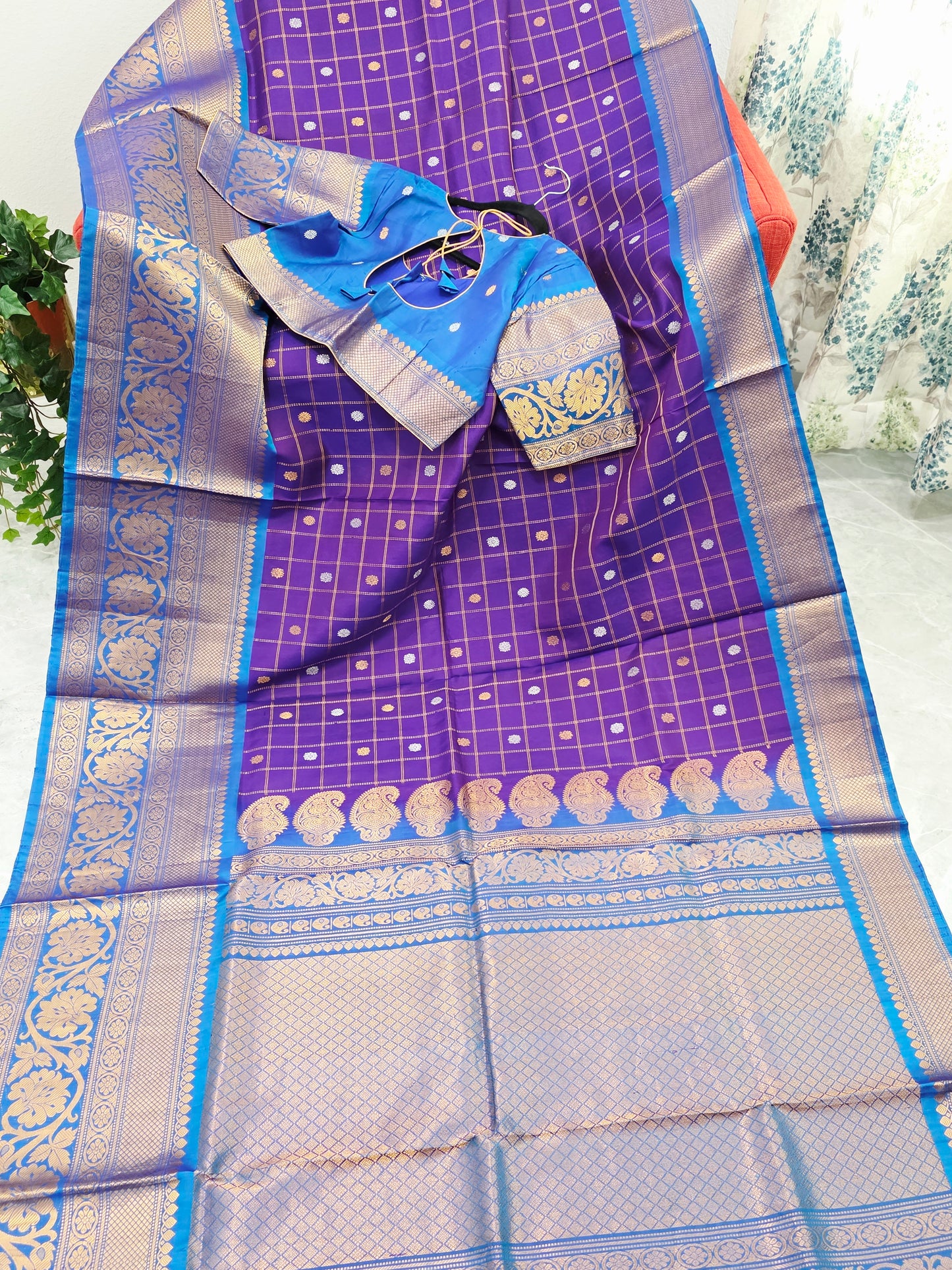 Royal Violet & Turquoise Blue Pure Gadwal Silk Saree with Vintage Checks Zari Weave & Designer Blouse