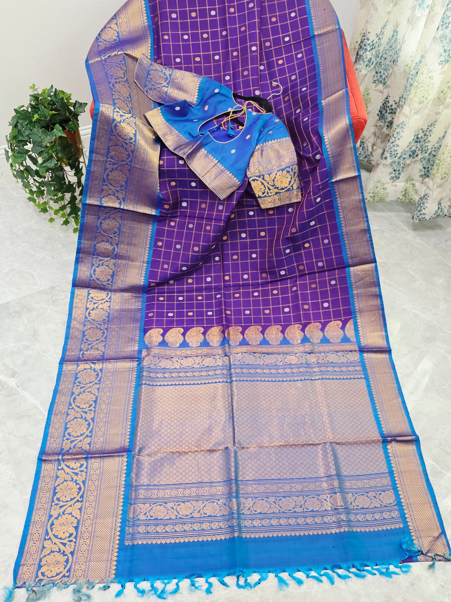 Royal Violet & Turquoise Blue Pure Gadwal Silk Saree with Vintage Checks Zari Weave & Designer Blouse