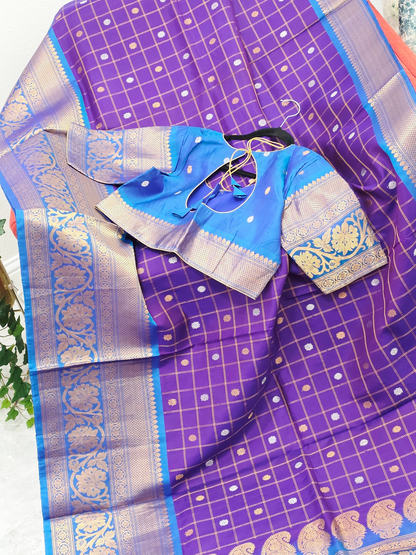 Royal Violet & Turquoise Blue Pure Gadwal Silk Saree with Vintage Checks Zari Weave & Designer Blouse